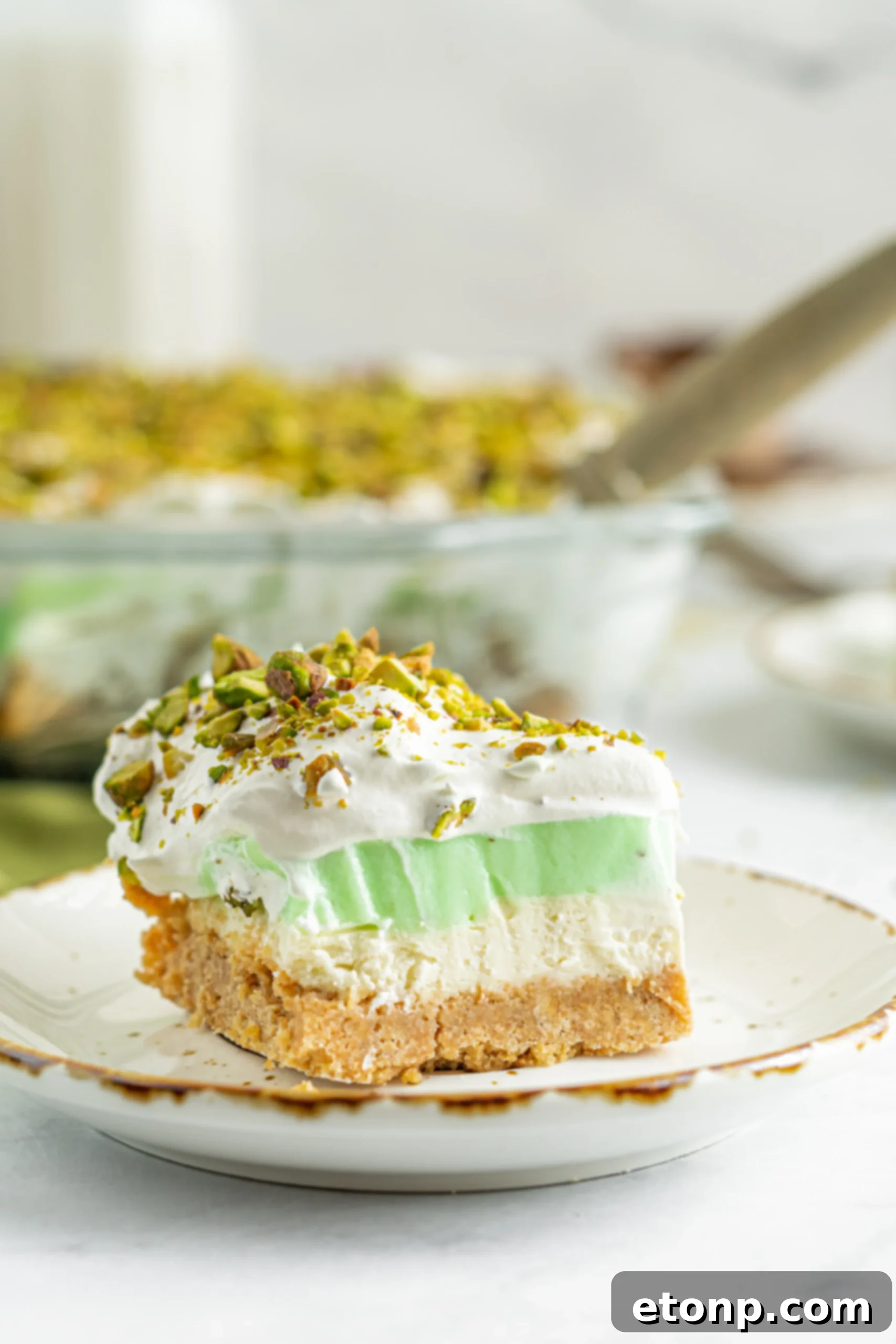 A close-up shot of the Pistachio Lush Dessert, showing a corner piece with clear layer separation.