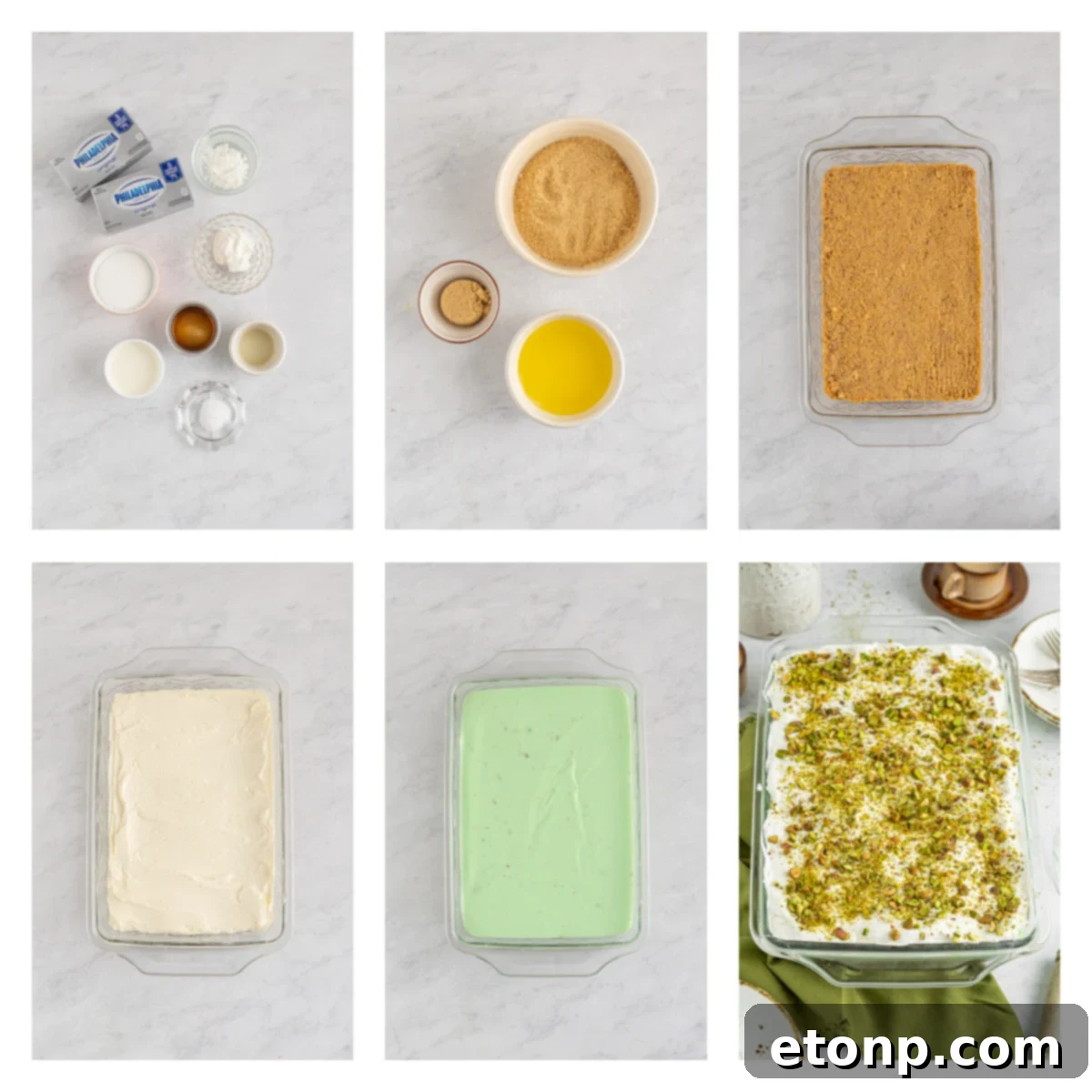 Close-up of a slice of Pistachio Lush Dessert, showing distinct layers of graham cracker crust, cheesecake, pistachio pudding, and whipped topping.