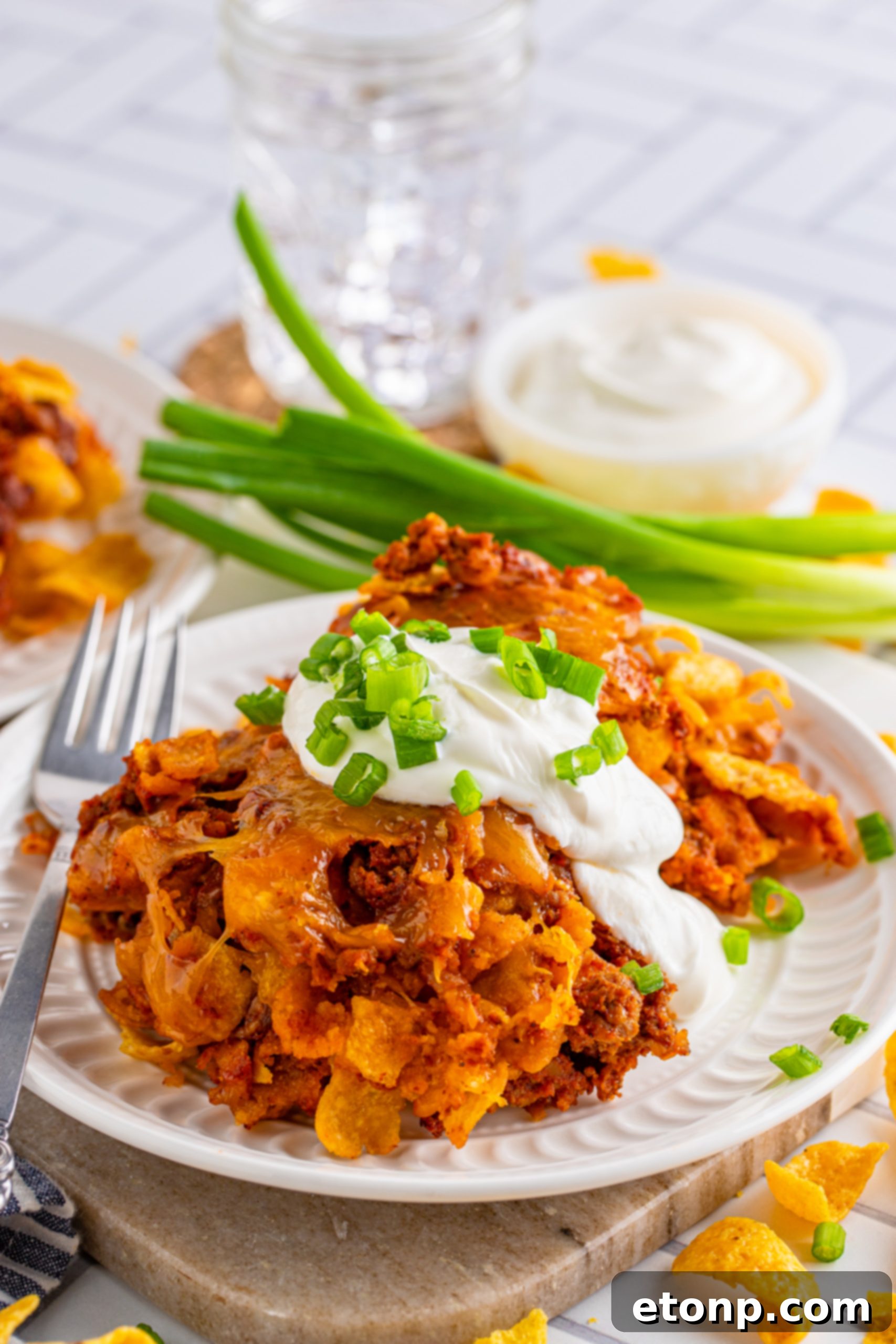 Close-up of baked Frito Chili Casserole