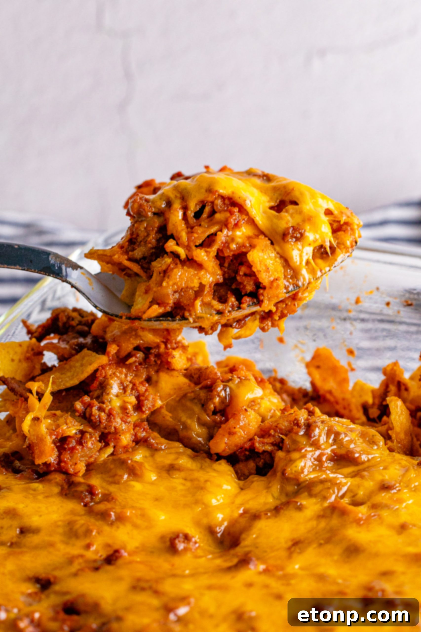 Full casserole dish of Frito Chili Casserole