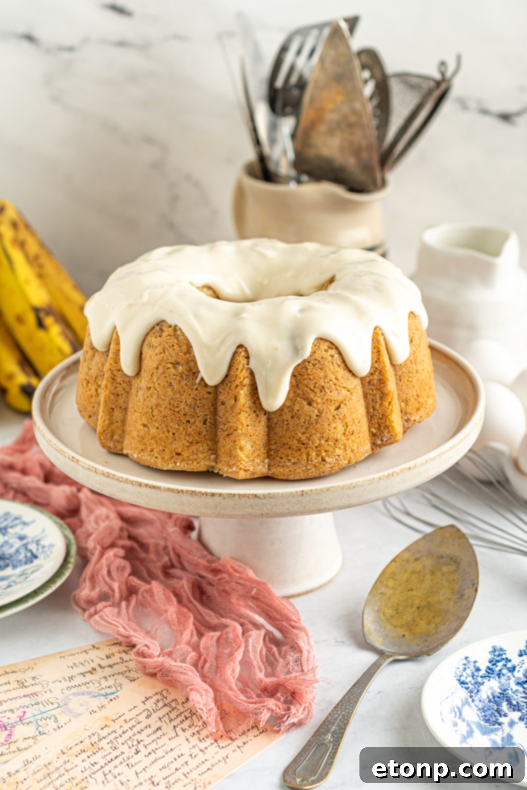 Banana Cake covered in sour cream frosting