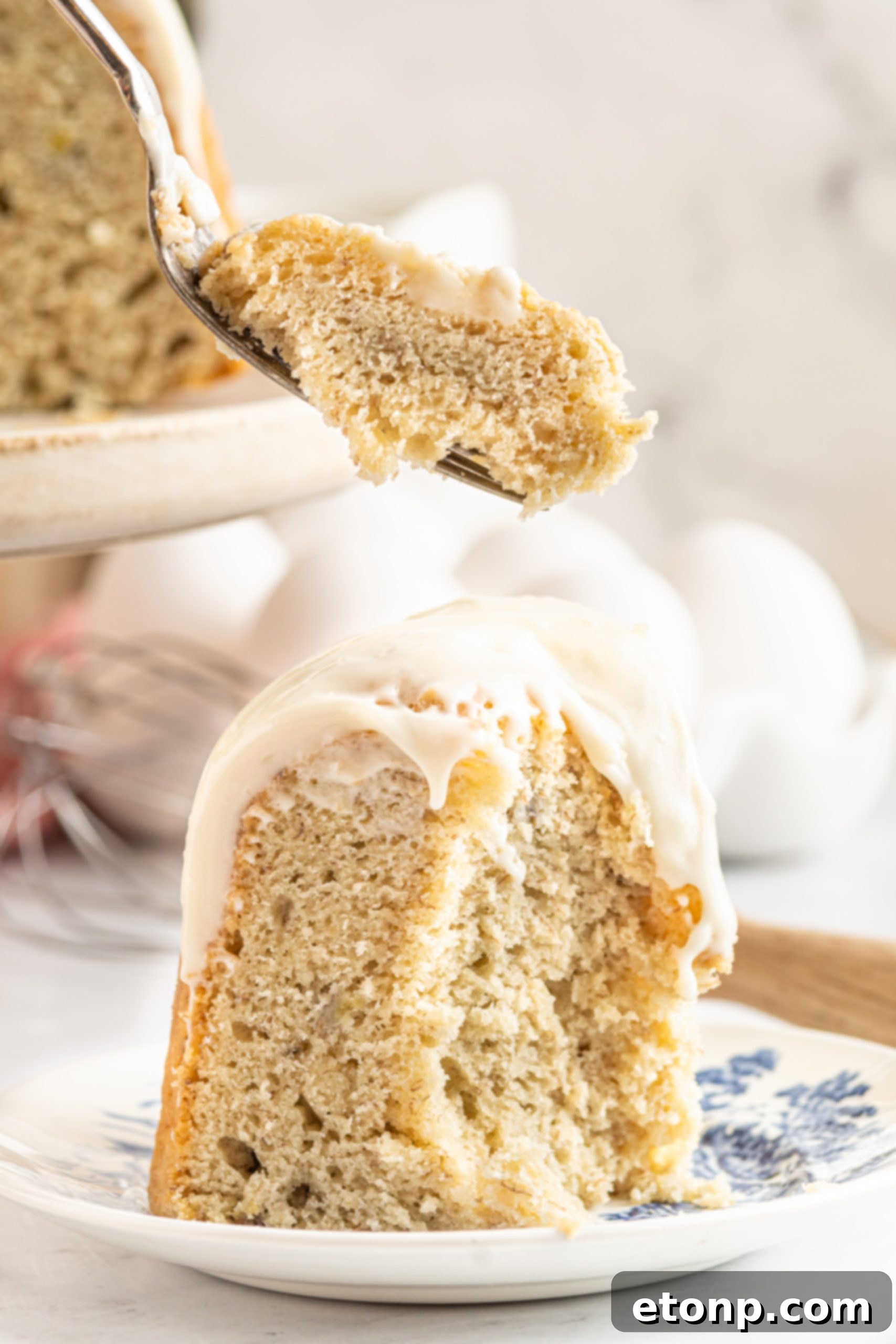 Bite of Banana cake on a spoon