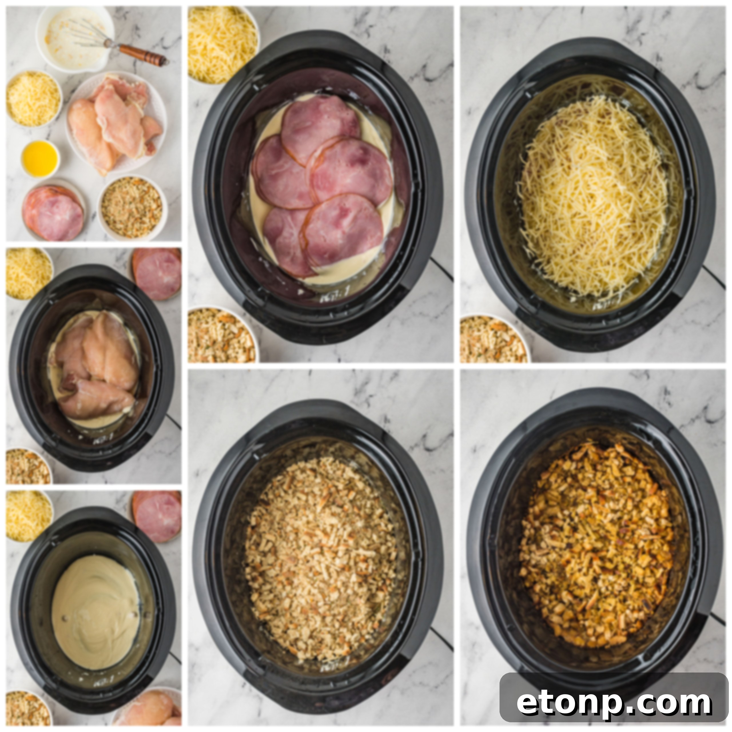 Slow Cooker Chicken Cordon Bleu with Savory Stuffing 3 Close-up of creamy Slow Cooker Chicken Cordon Bleu with golden stuffing topping.