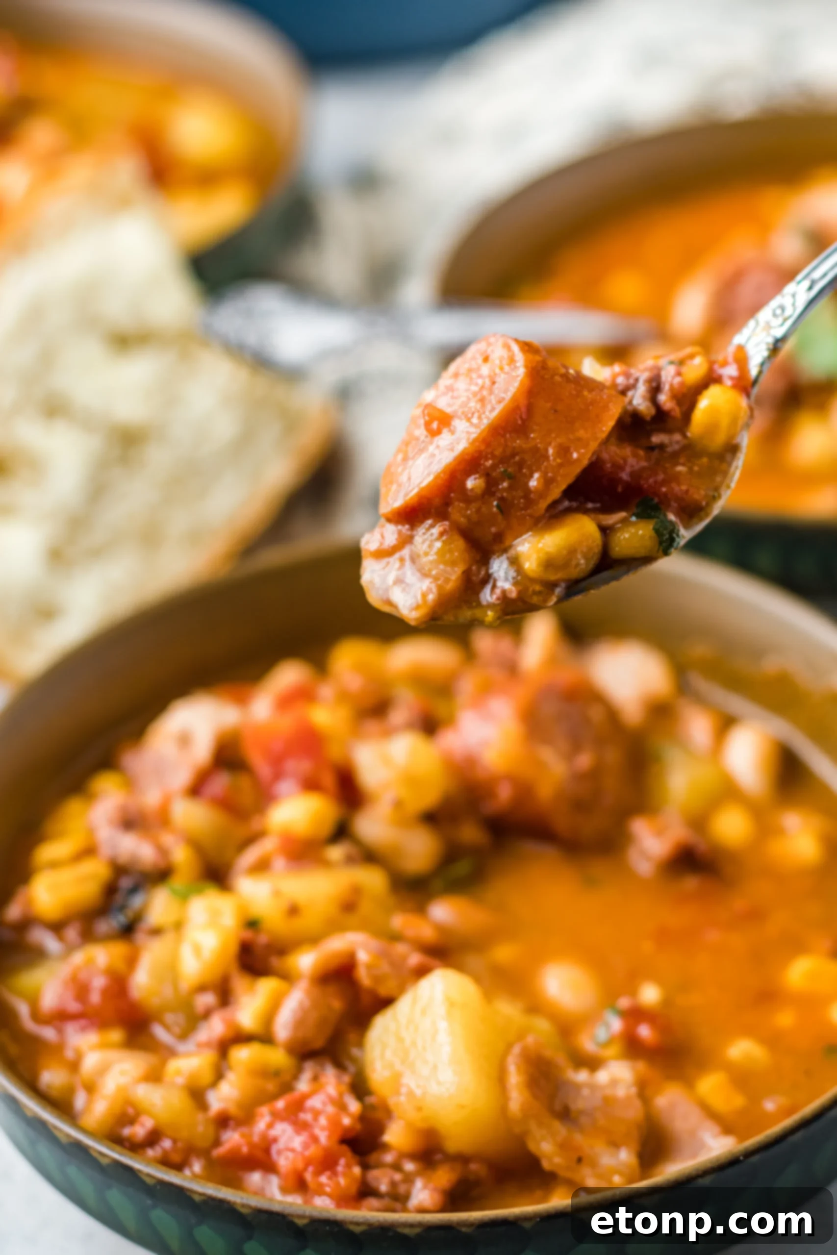 Wrangler's Frontier Stew 16 A bowl of Cowboy Stew served with a side of cornbread, creating a classic comfort food pairing.