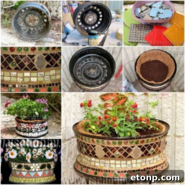 DIY Mosaic Flower Pots from Old Tire Rims