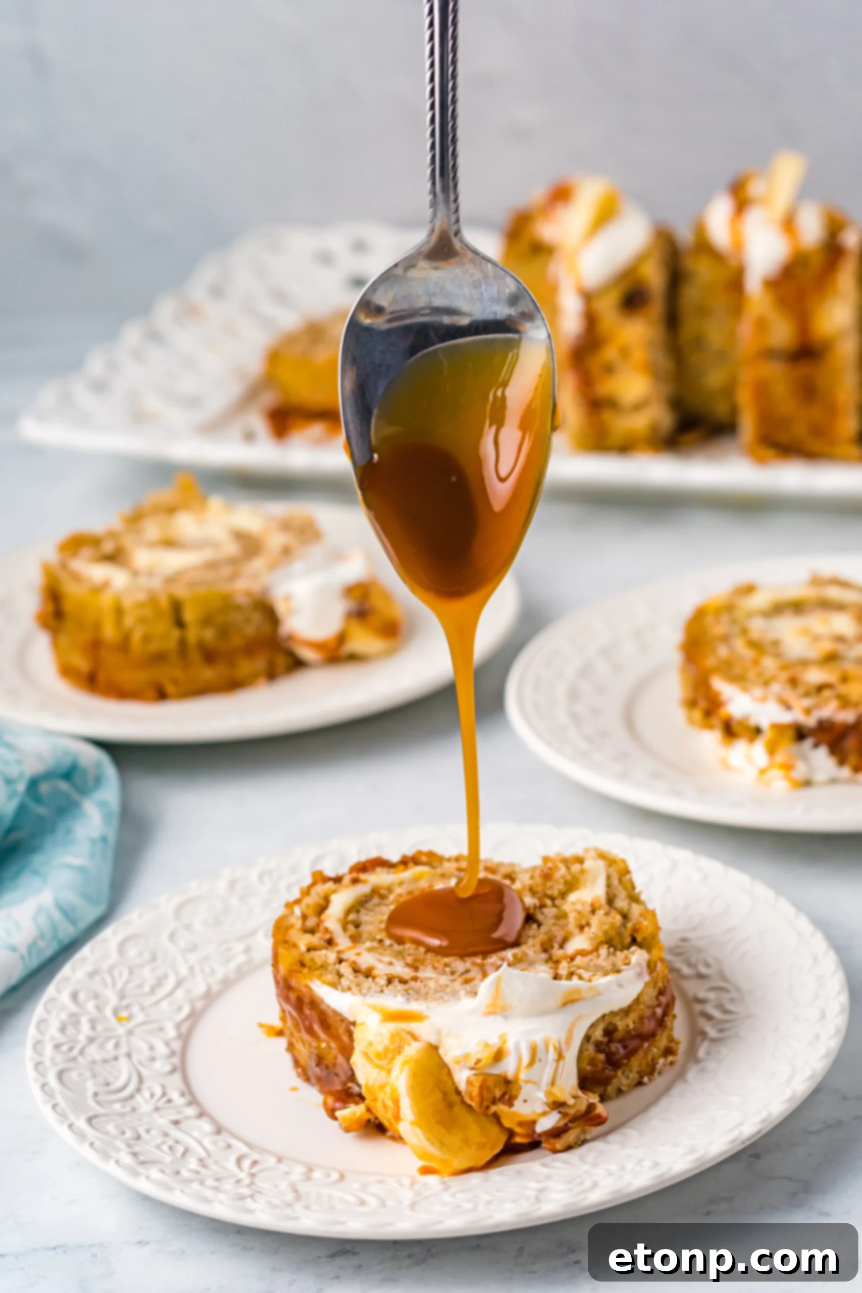 Close-up of caramel sauce being drizzled.