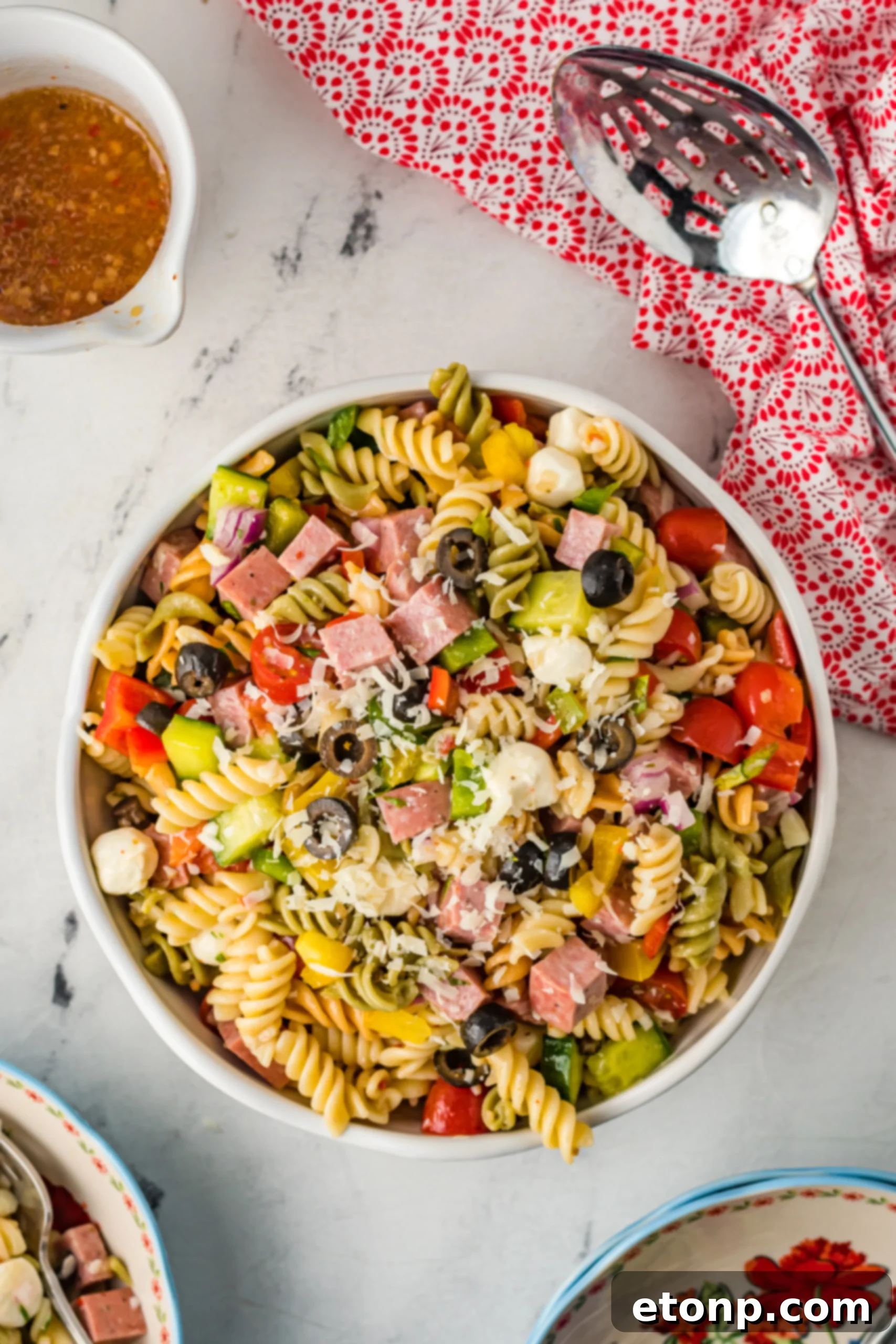 Authentic Italian Pasta Salad 14 Italian Pasta Salad stored in a container