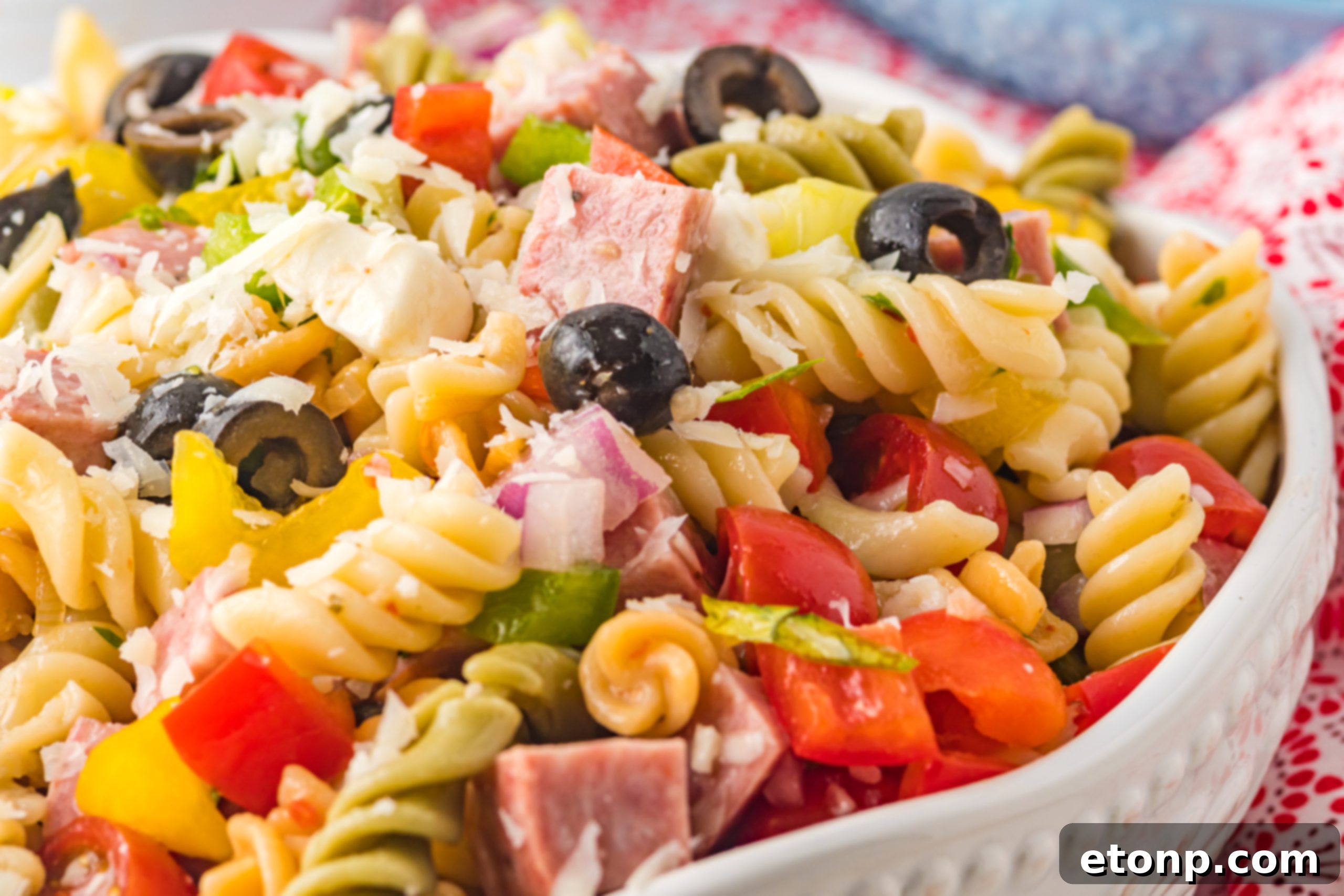 Authentic Italian Pasta Salad 6 Overhead shot of Classic Italian Pasta Salad in a large bowl