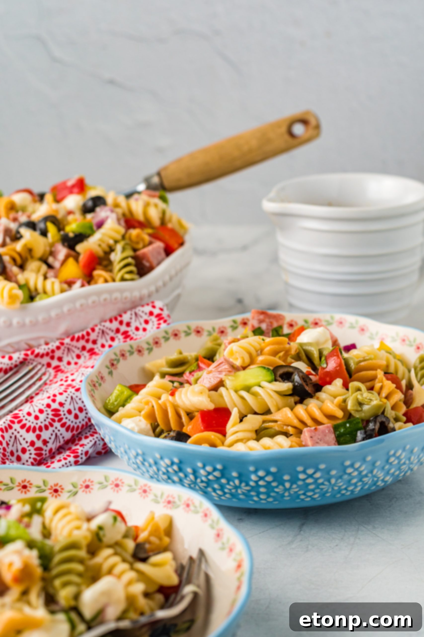 Authentic Italian Pasta Salad 9 Close-up of Italian Pasta Salad with dressing