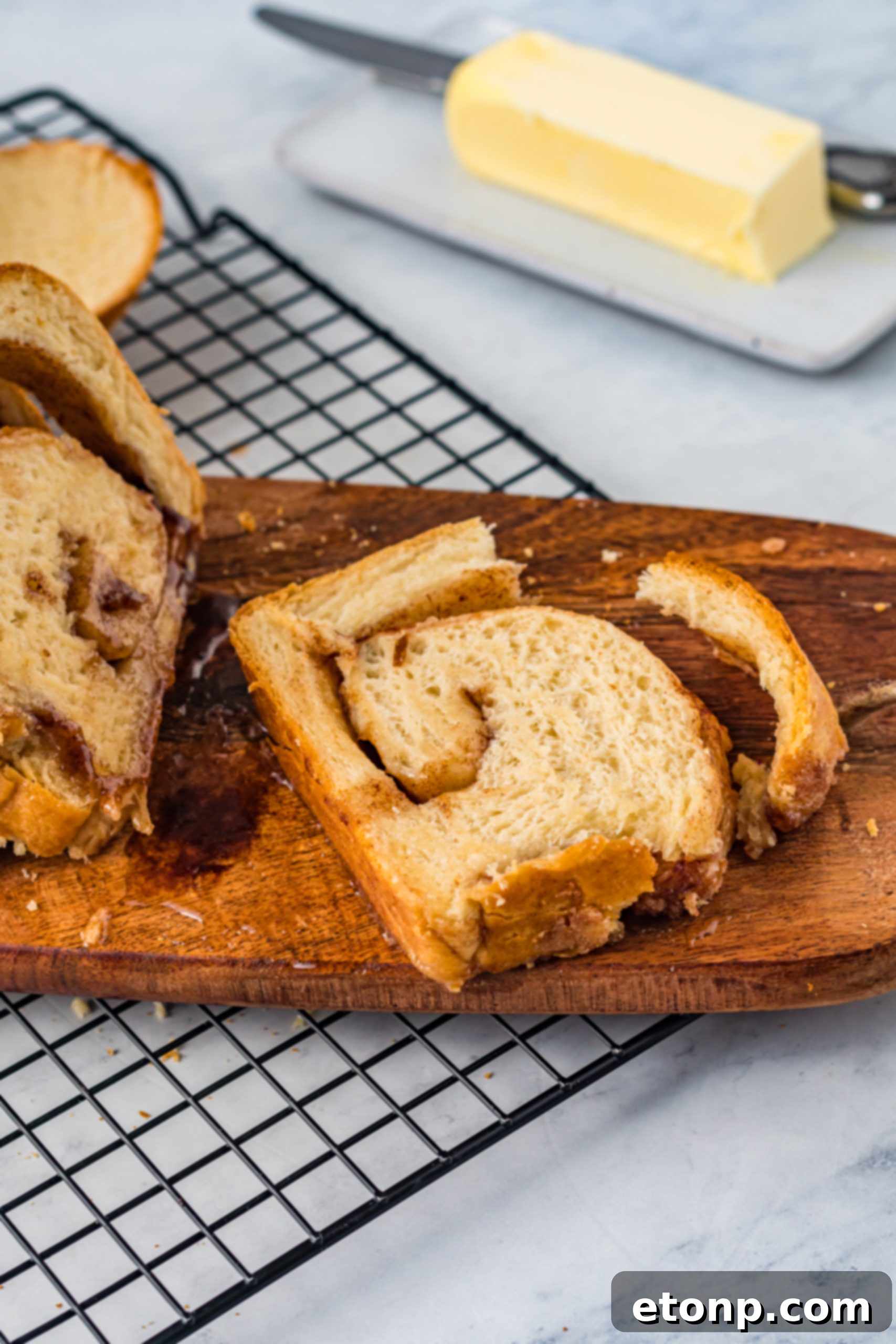Cinnamon sugar version of Amish White Bread on a cutting board