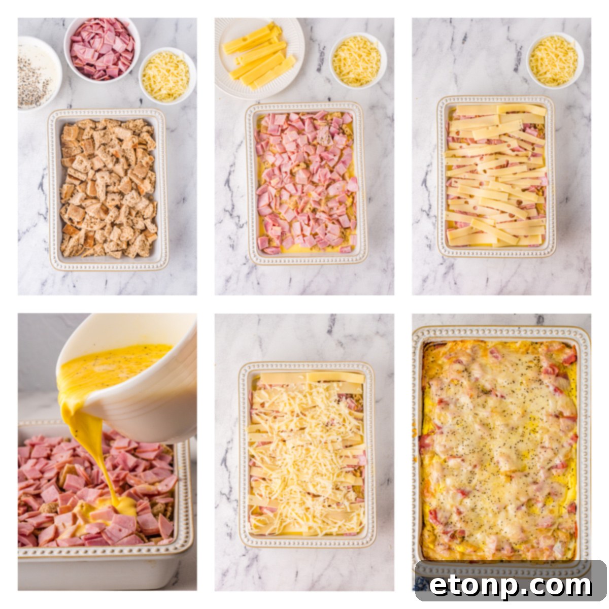 Eggs Benedict collage with 6 images showing how to assemble the casserole