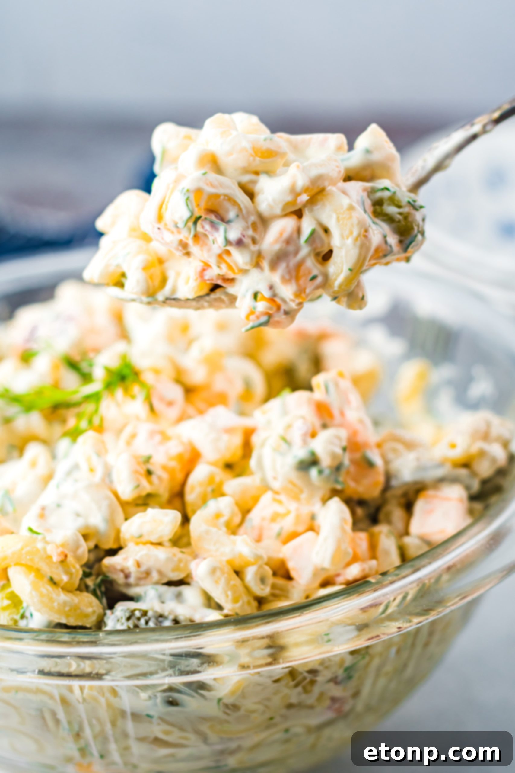 Close-up of a bowl of creamy Dill Pickle Pasta Salad with chopped dill pickles, bacon, and cheese visible.