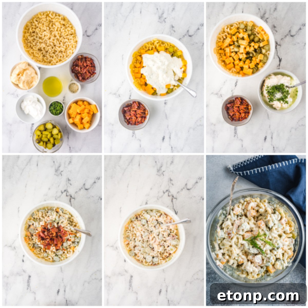 A smaller bowl of Dill Pickle Pasta Salad ready to be served, highlighting its creamy texture.