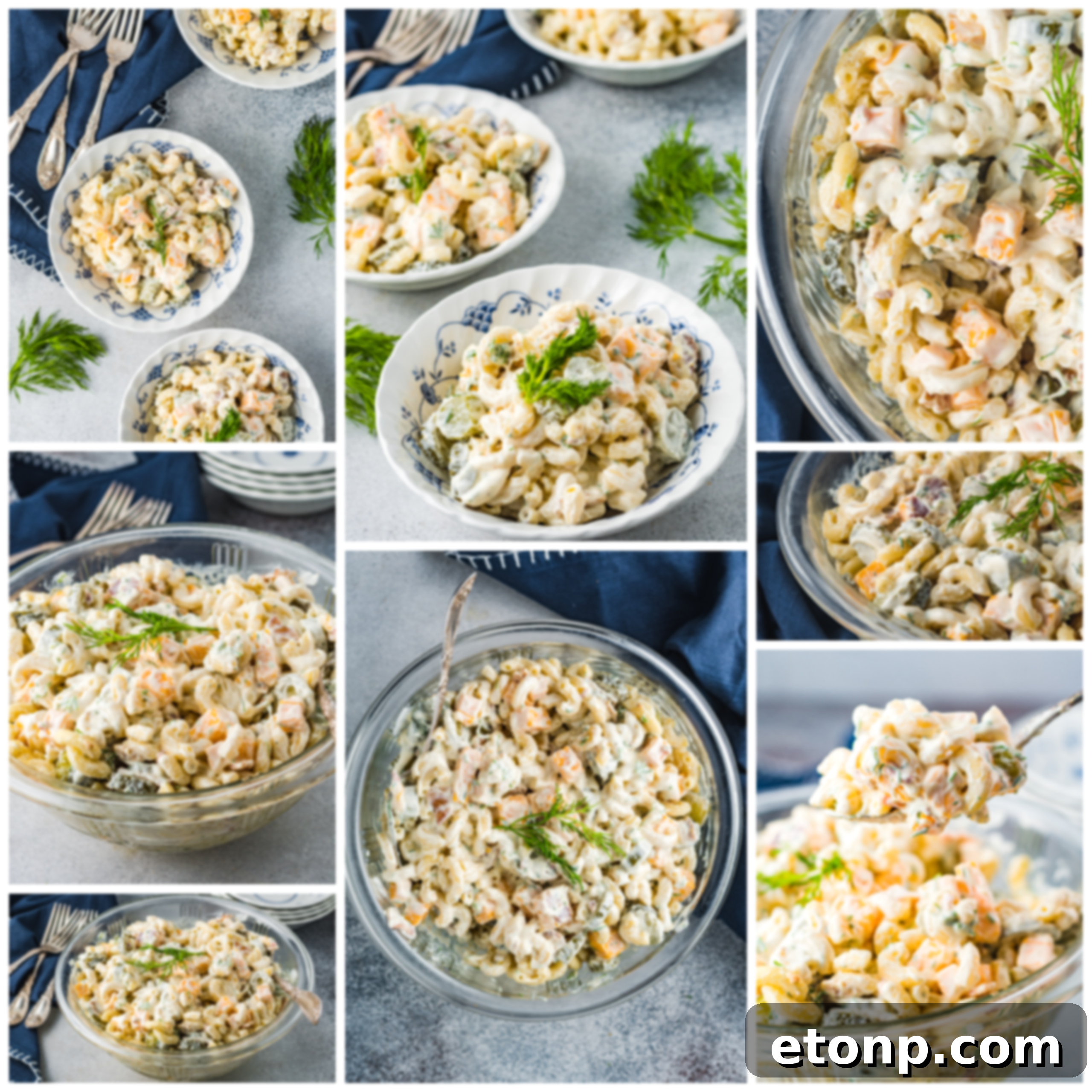 Ingredients for Dill Pickle Pasta Salad laid out on a wooden surface, including pasta, pickles, cheese, and dressing components.
