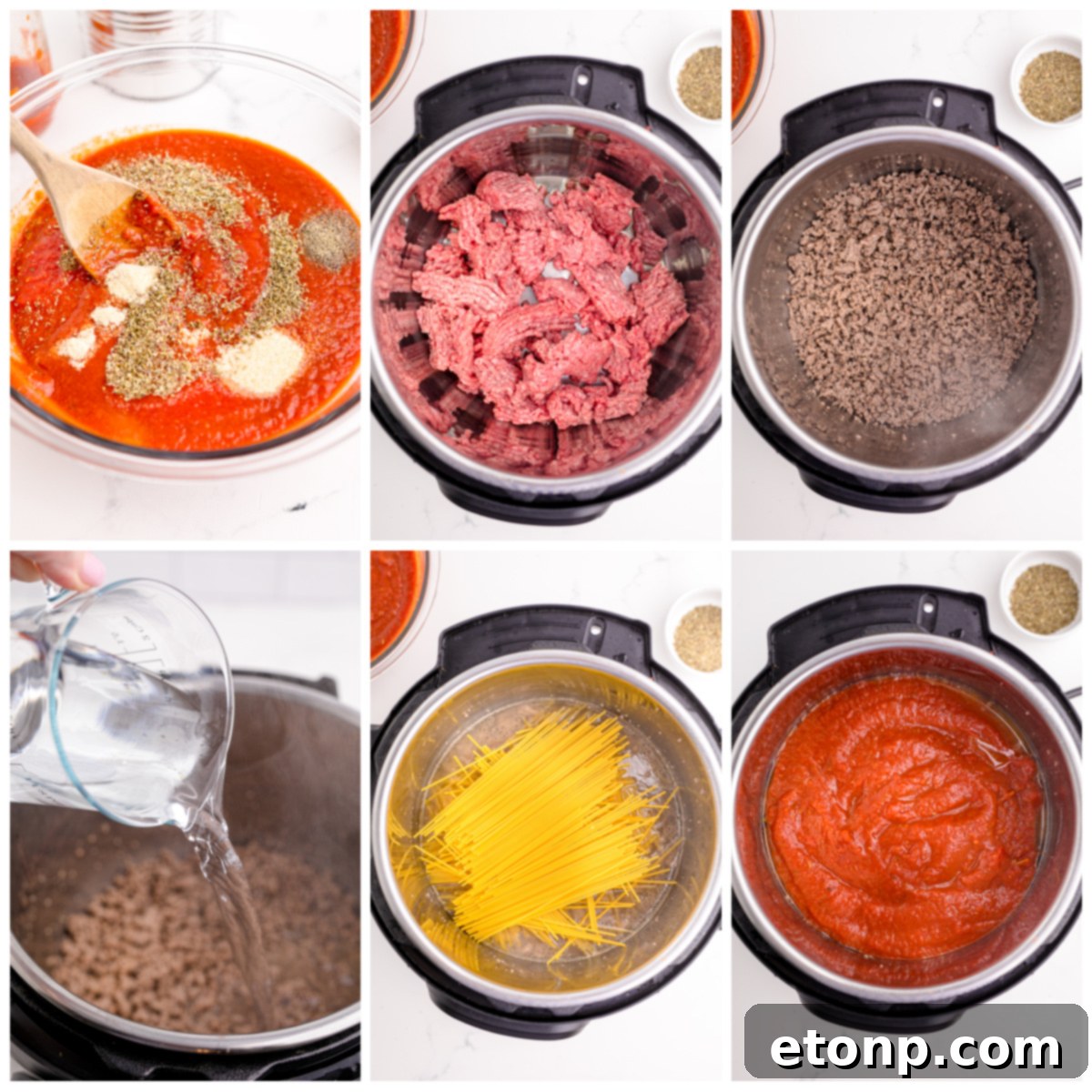 One-Pot Instant Pot Spaghetti 4 A collage of six photos illustrating the step-by-step process of making Instant Pot Spaghetti