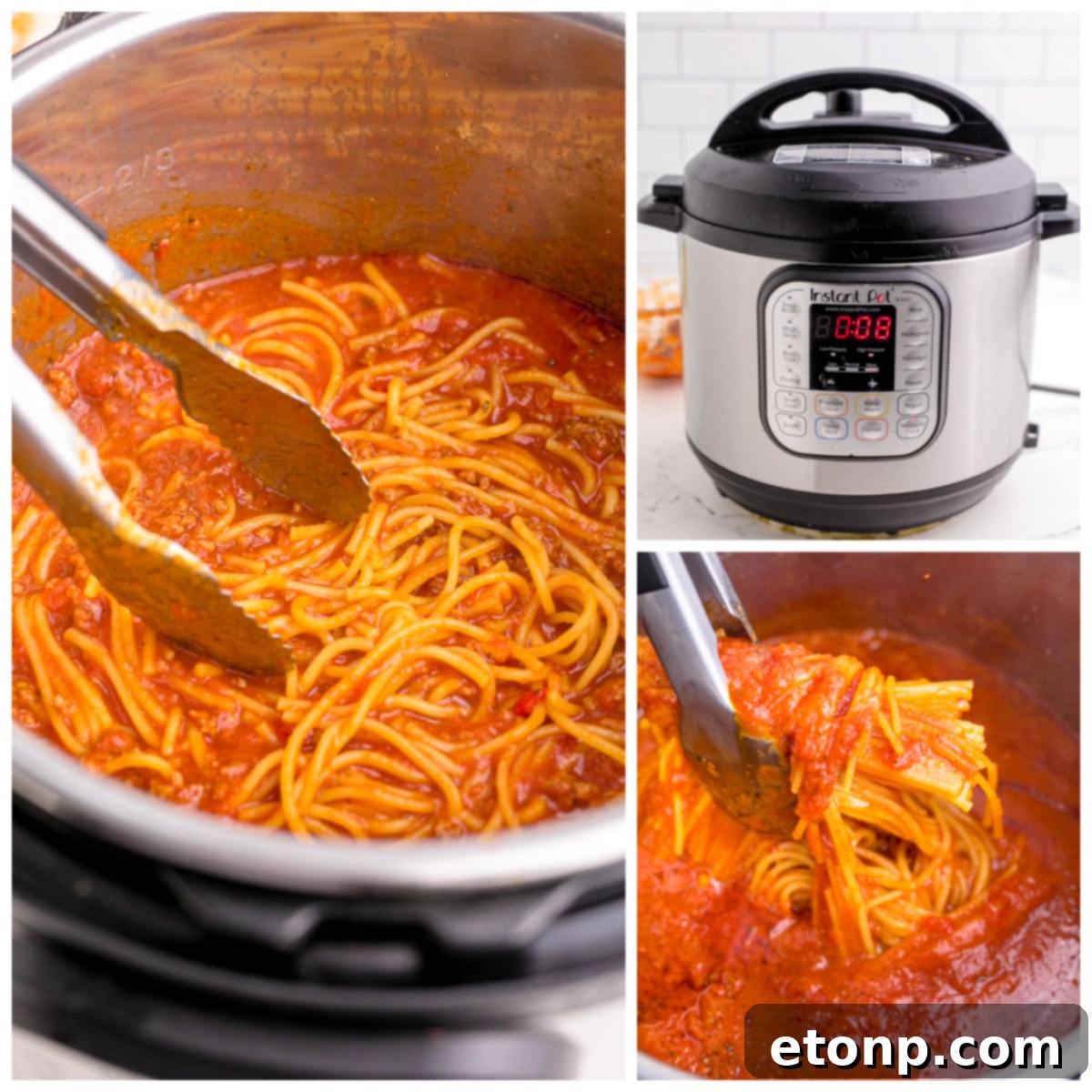 One-Pot Instant Pot Spaghetti 5 A collage featuring an open Instant Pot filled with cooked spaghetti, ready to be served