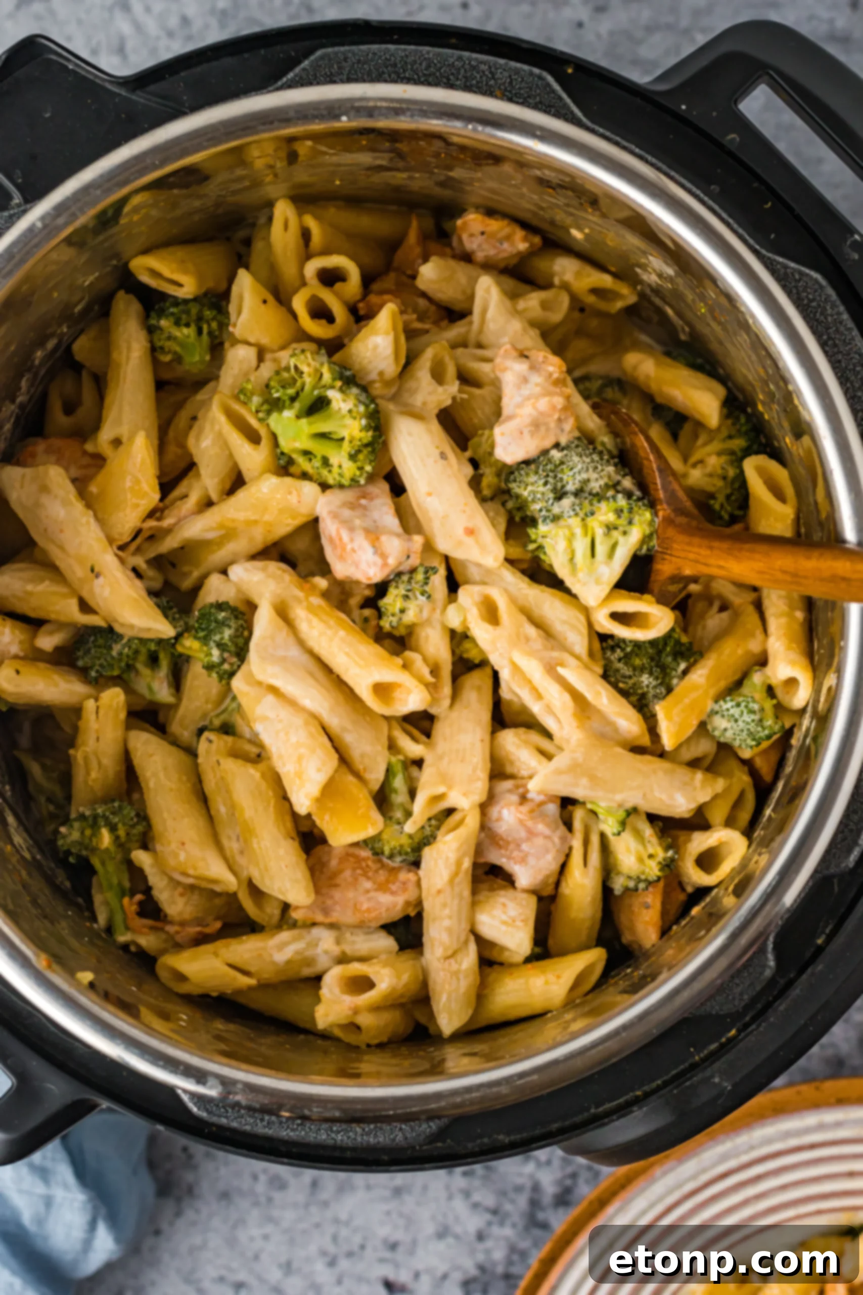Chicken Pasta Delight 2 A serving of creamy chicken pasta on a plate, generously covered in melted cheese, with fresh broccoli florets on the side. The Instant Pot is visible in the background.