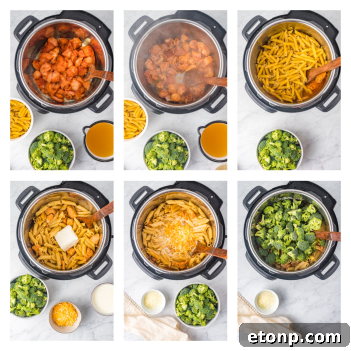 Chicken Pasta Delight 4 A six-image collage illustrating the step-by-step process of making chicken pasta in an Instant Pot, from sauteing chicken to mixing in cheese and broccoli.