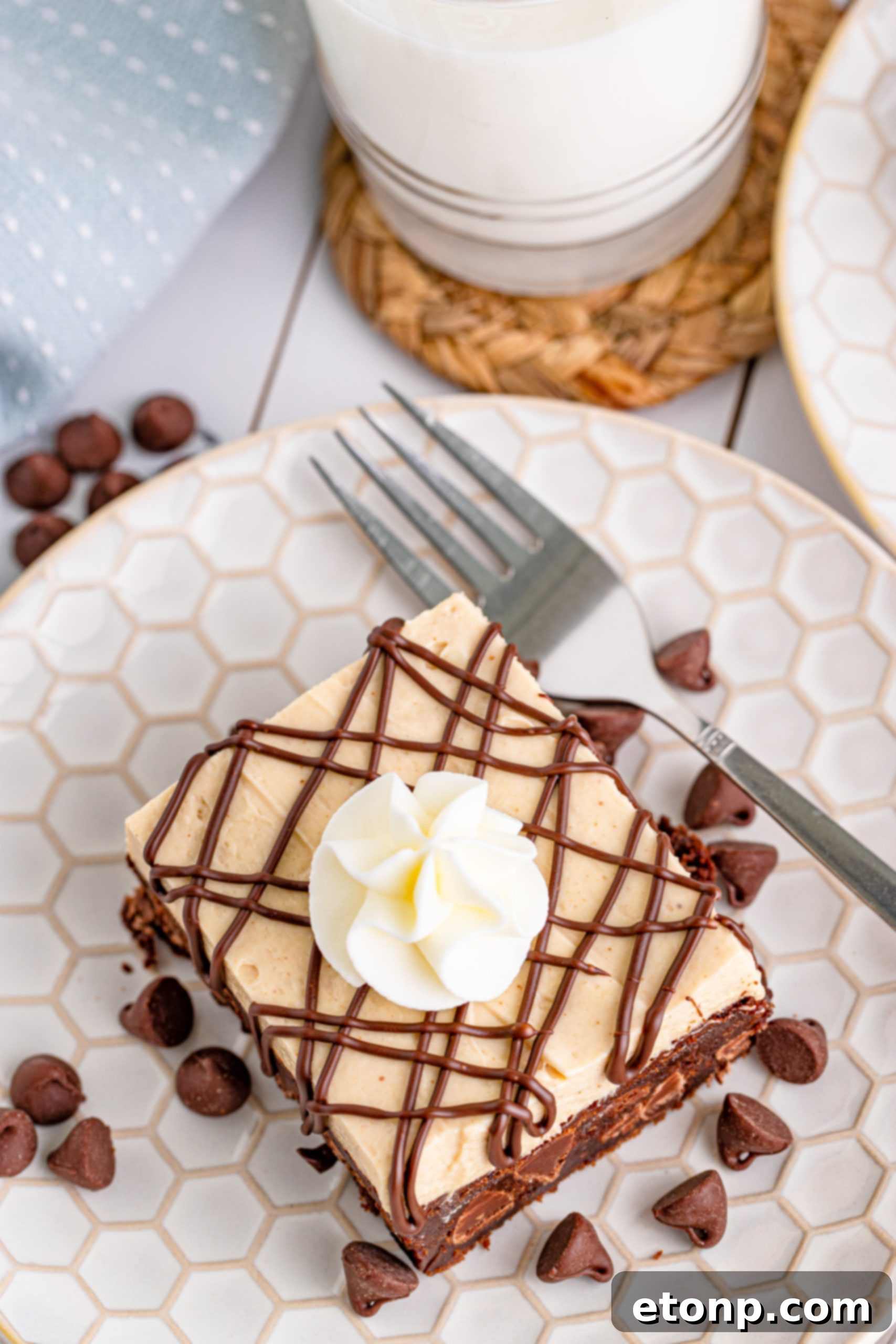 Overhead shot of Peanut Butter Brownies on a white plate drizzled with chocolate and topped with whipped cream