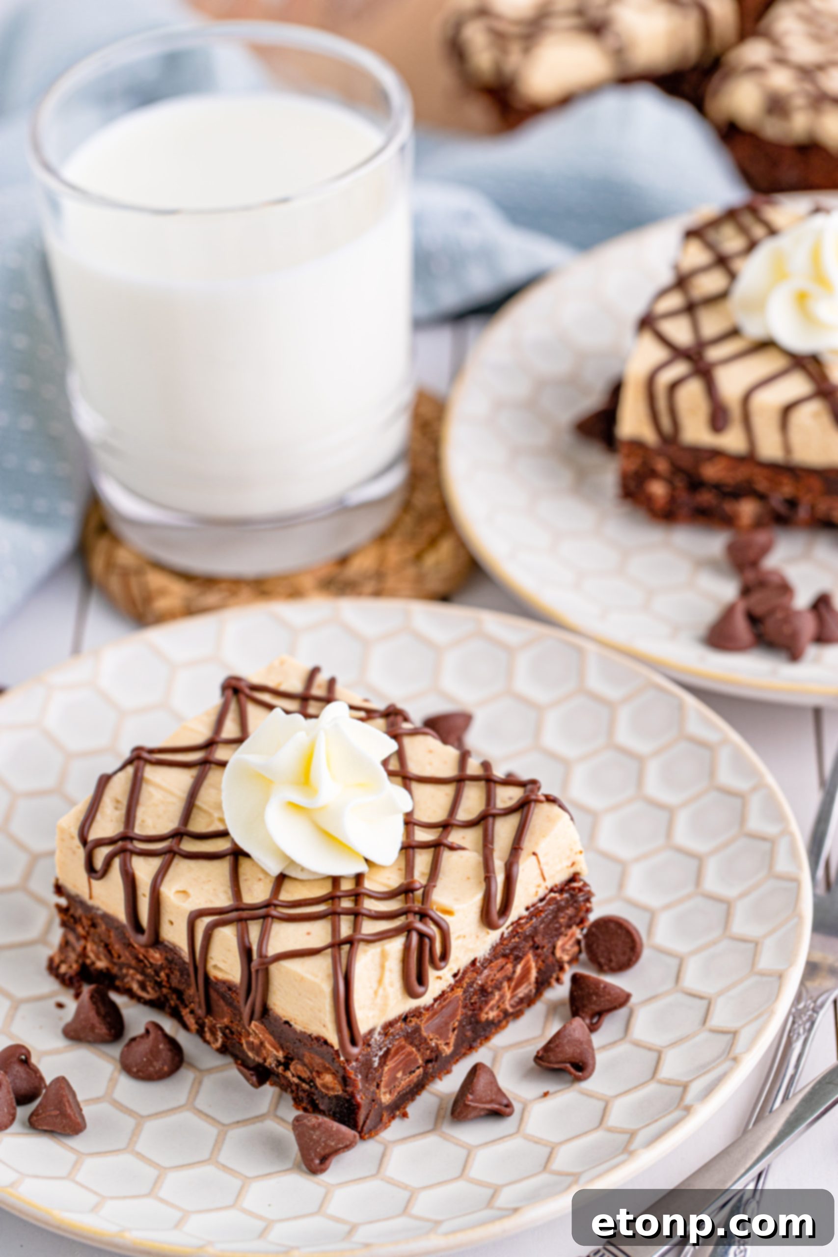 Peanut Butter Brownies on a white plate drizzled with chocolate and topped with whipped cream