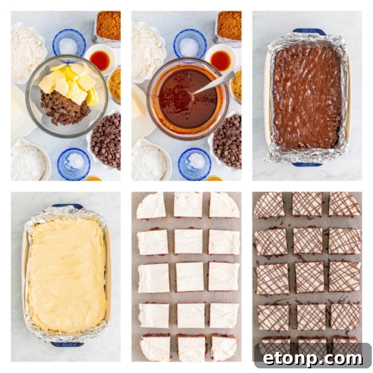 Peanut Butter Brownies collage showing the ingredients in a bowl, then baked in a pan, then frosted and cut