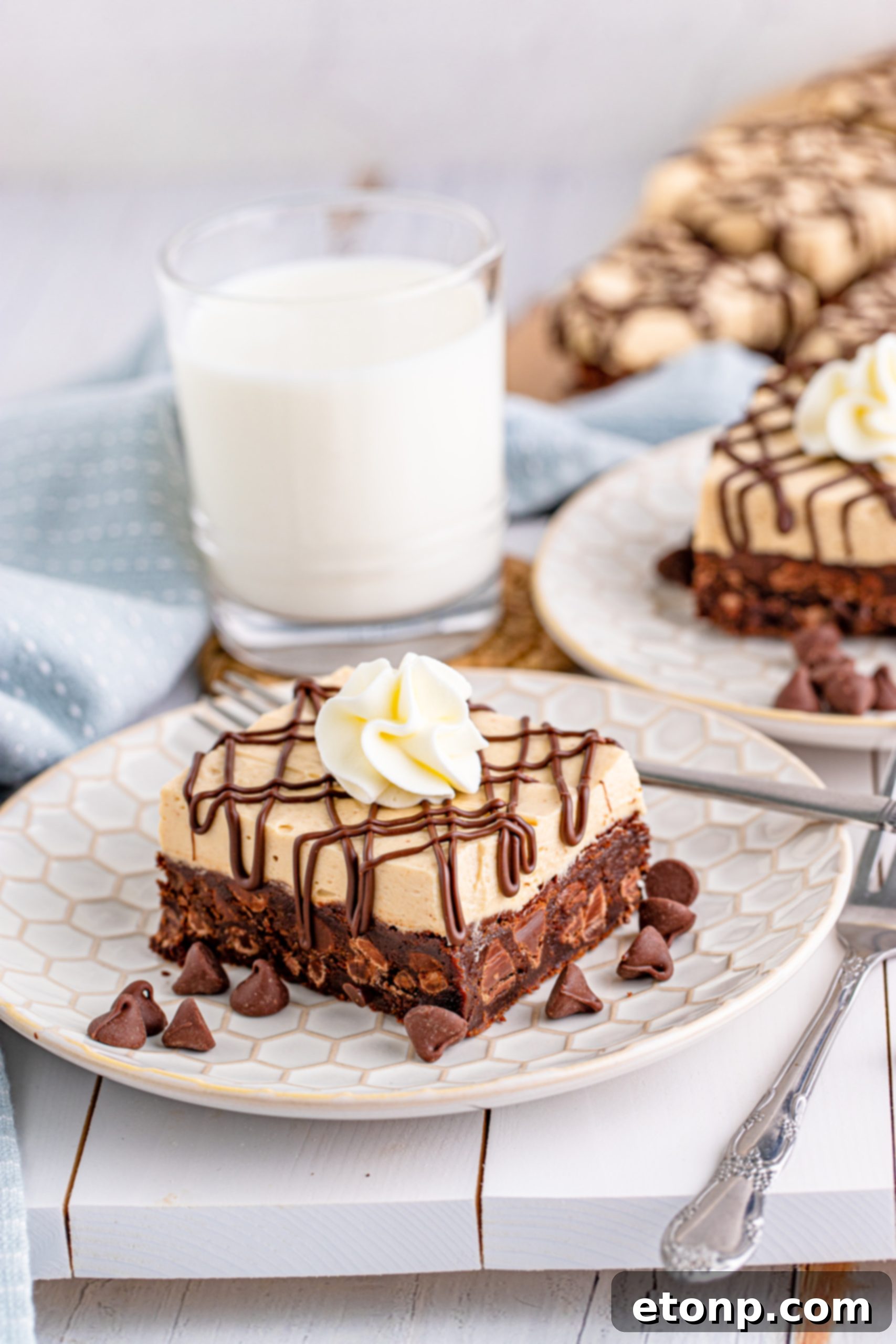 Peanut Butter Brownies on a white plate drizzled with chocolate and topped with whipped cream