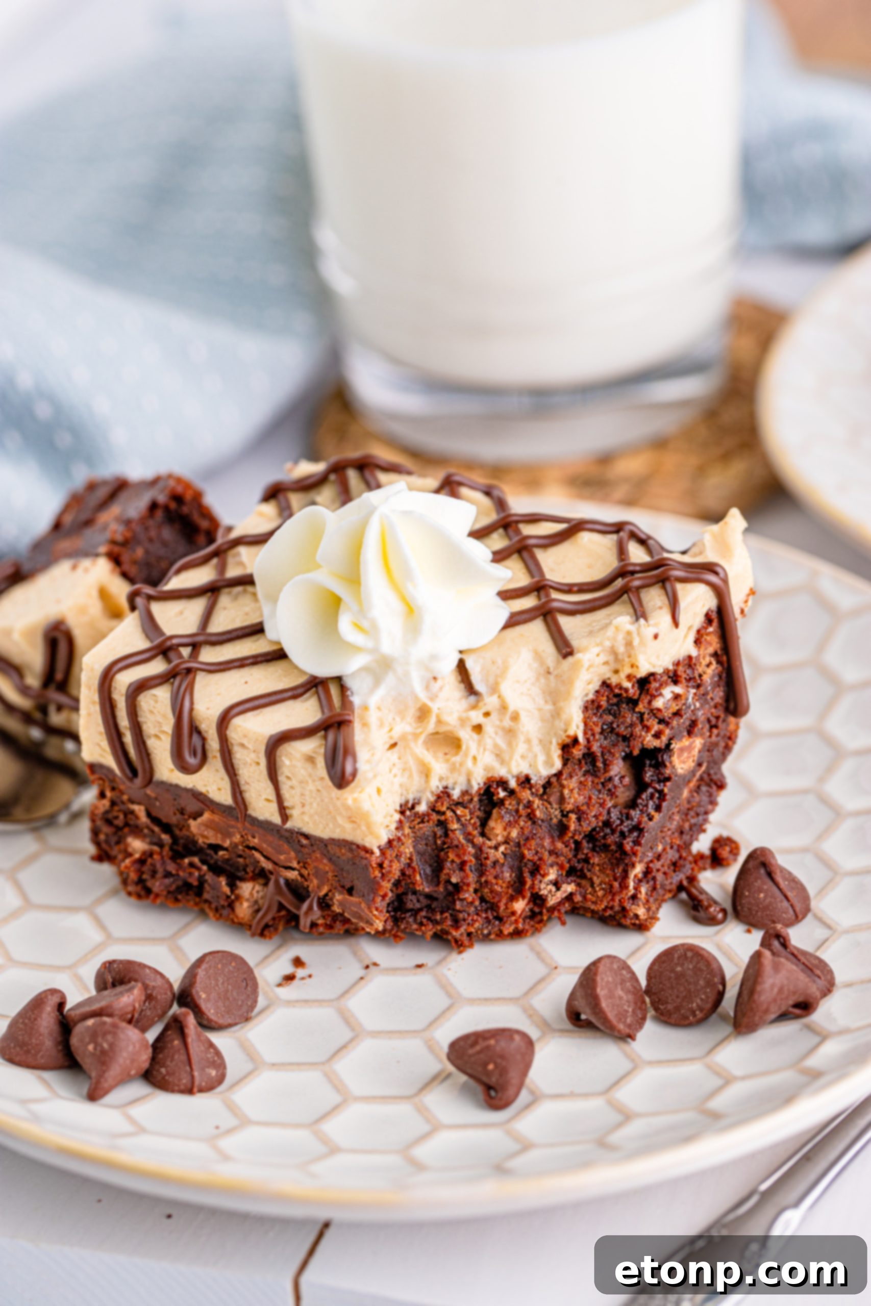 Peanut Butter Brownies on a white plate drizzled with chocolate and topped with whipped cream