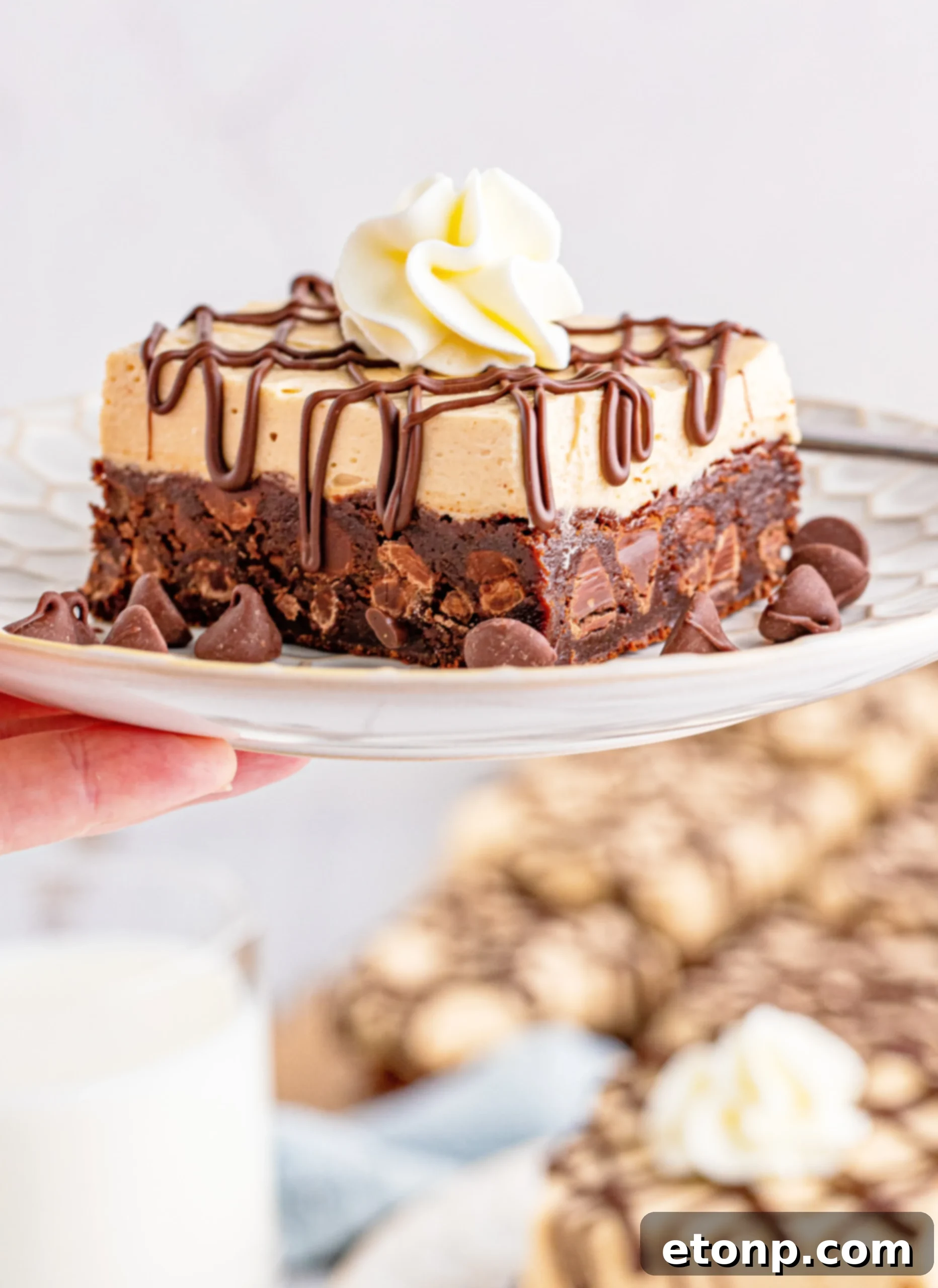 A hand holding up a plate with Peanut Butter Brownies on a white plate drizzled with chocolate and topped with whipped cream