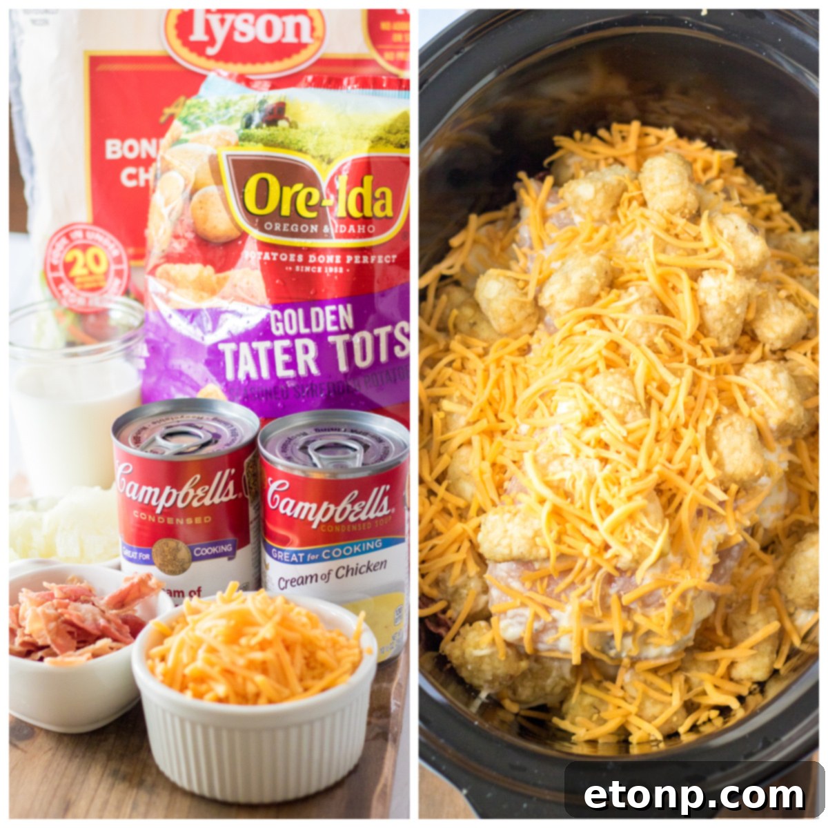 Tater Tot Casserole ingredients collage with the second photo of the slow cooker with tater totas covered in cheese, ready to be cooked