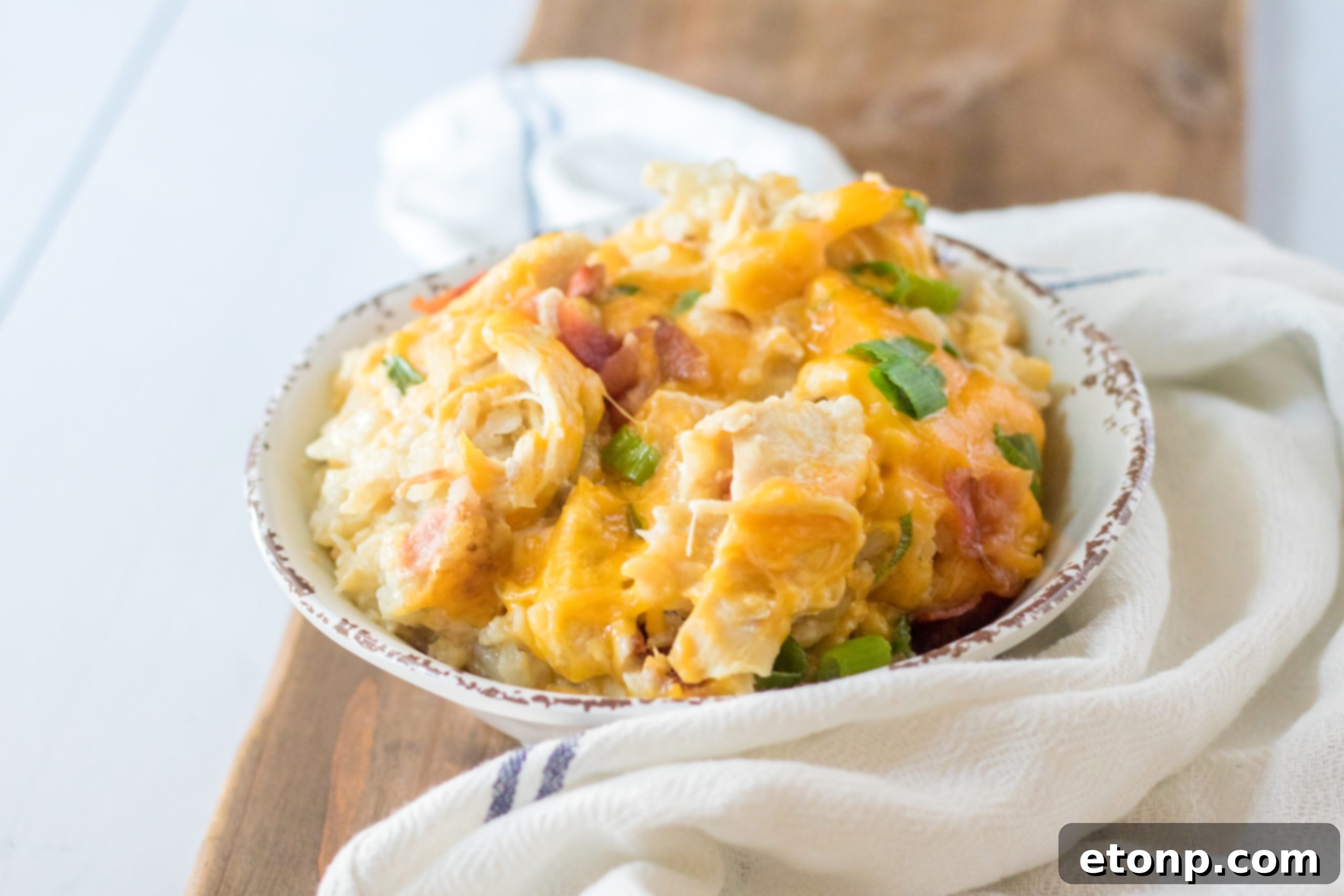 Tater Tot Casserole with chicken in a bowl