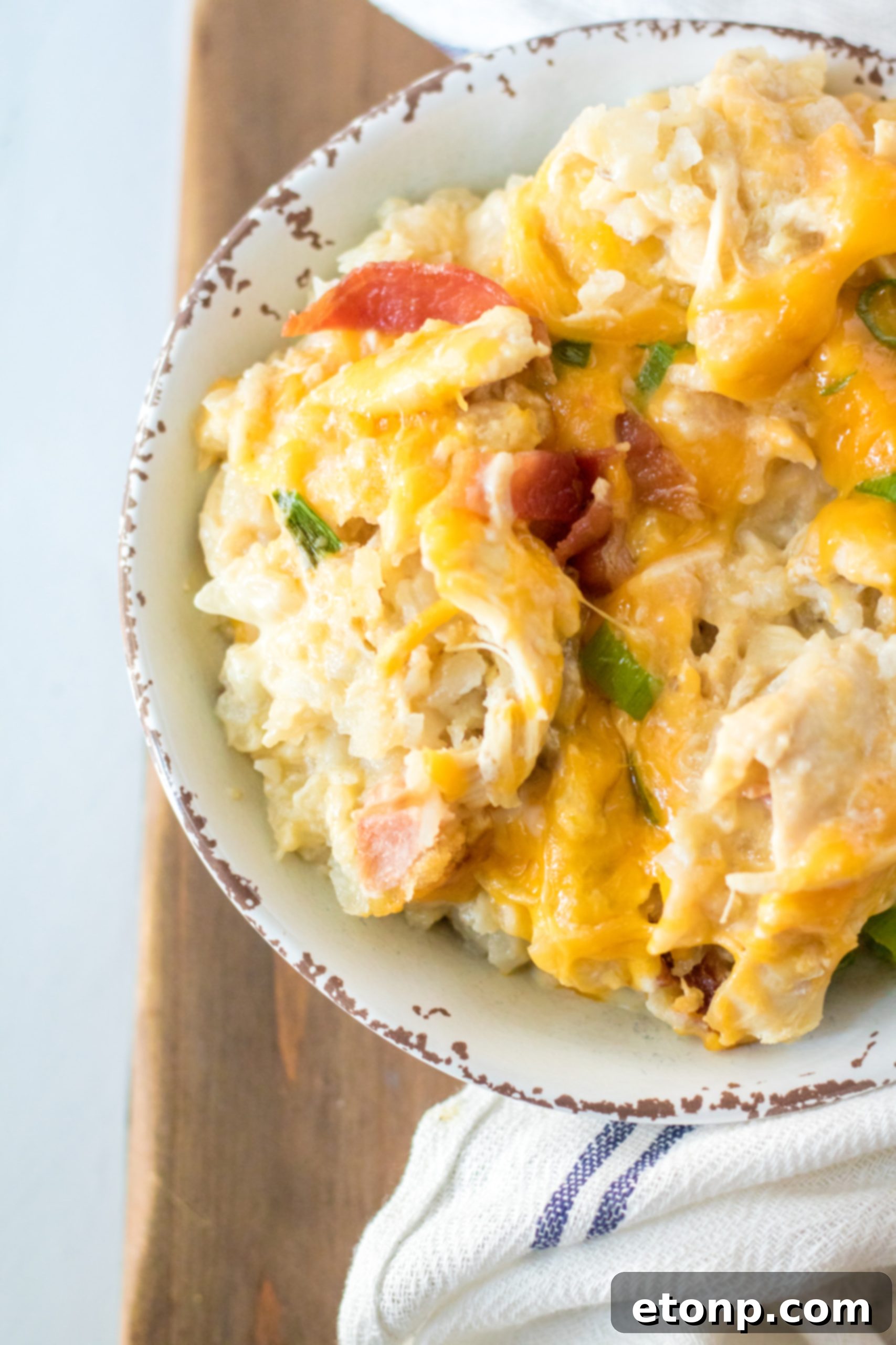 Tater Tot Casserole in a white bowl
