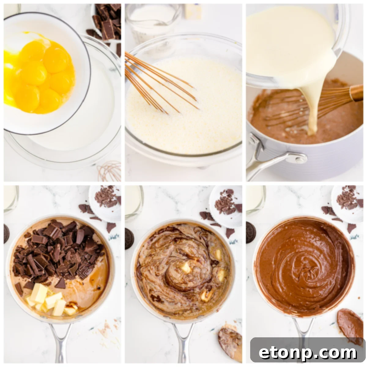 Chocolate Cream Pie step-by-step instructions on a collage photo, showing the filling being prepared