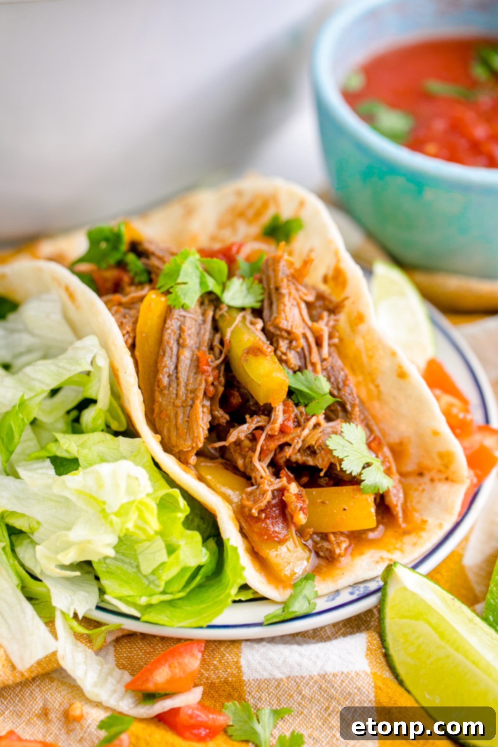 Steak Fajitas wrapped in a tortilla with lettuce piled next to it