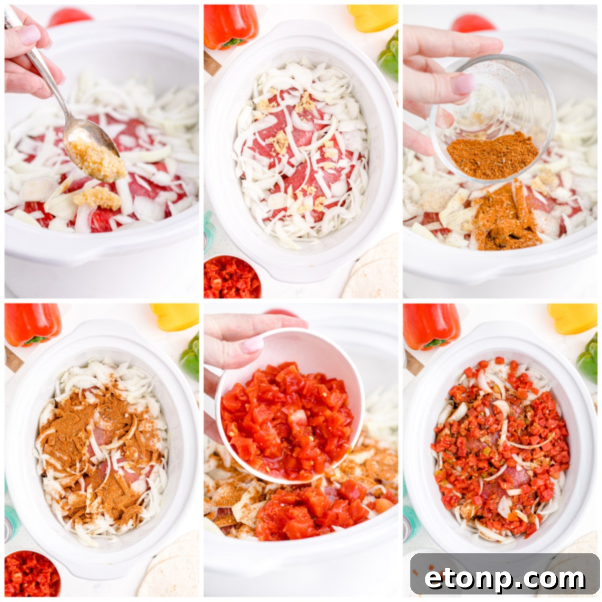 Steak Fajitas collage of 6 photos showing how to assemble the recipe in the slow cooker step by step