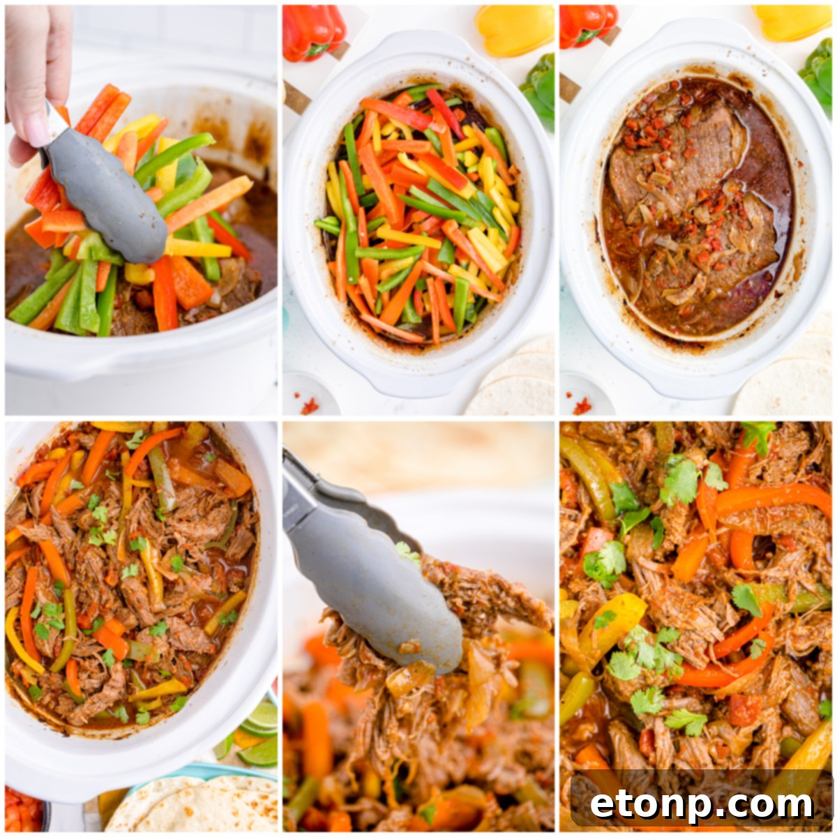 Steak Fajitas collage of 6 photos showing how to assemble the recipe in the slow cooker step by step
