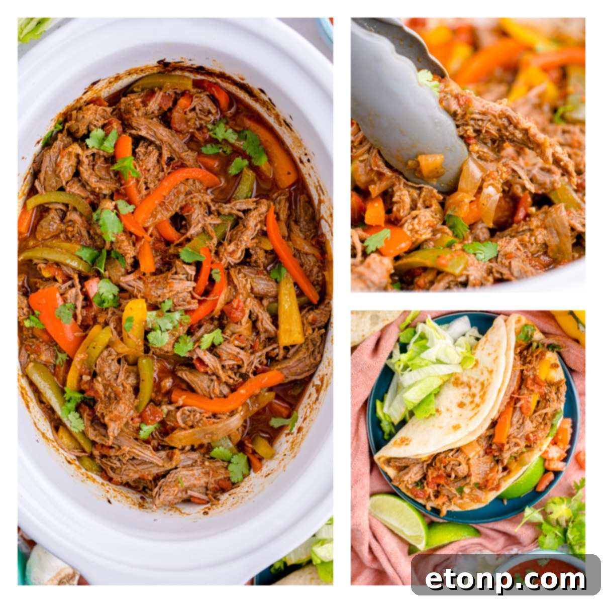 Steak Fajitas collage of fajitas in the slow cooker, on a plat and being lifted with tongs