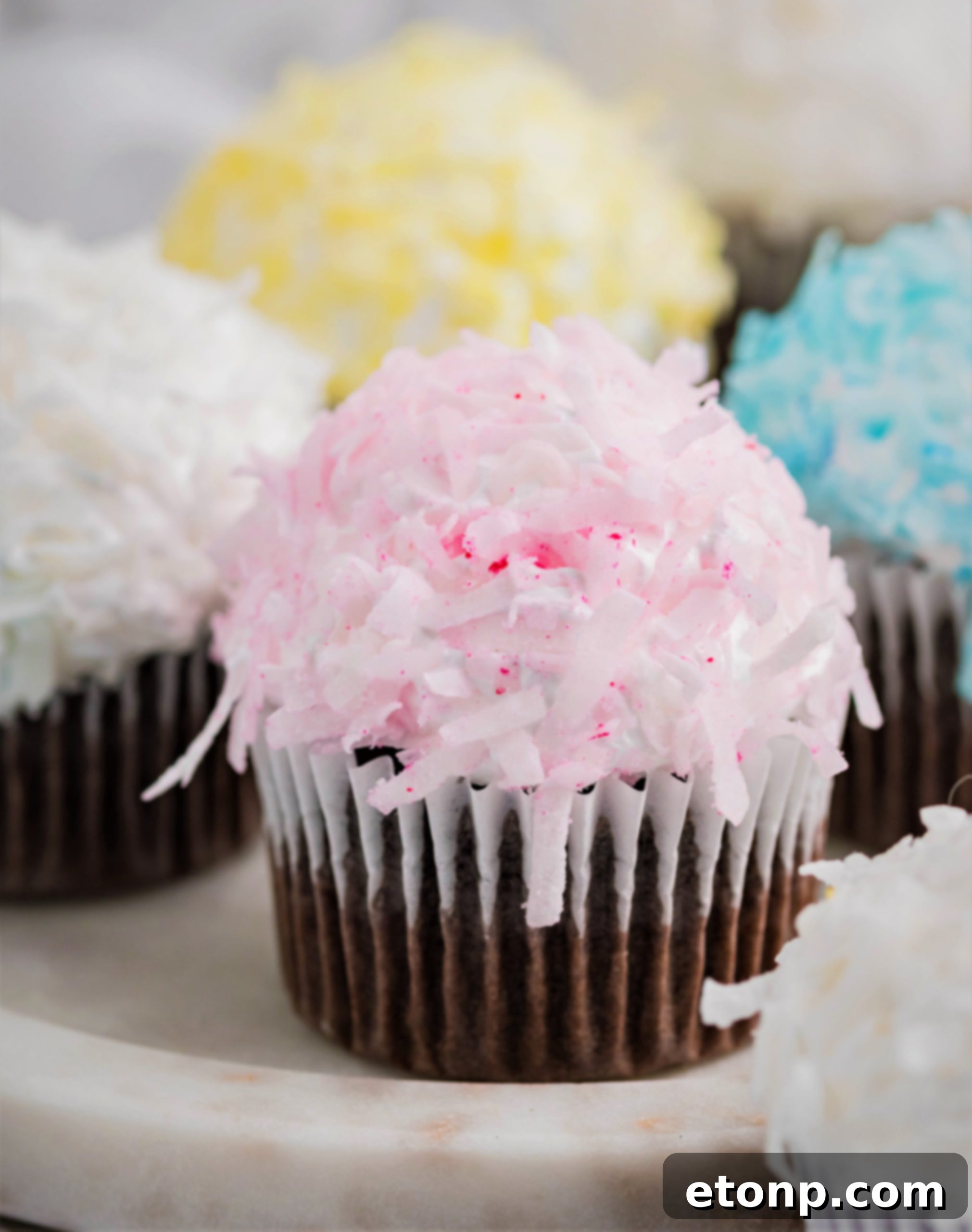 A charming arrangement of chocolate cupcakes, each adorned with pastel pink, yellow, white, and blue coconut toppings, creating a visually appealing and festive display.