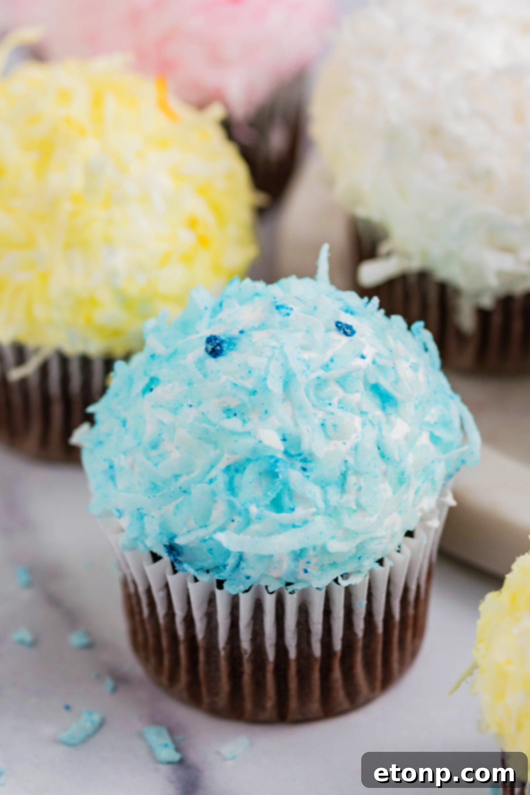 An array of beautifully decorated chocolate cupcakes in charming pink, yellow, white, and blue hues, generously topped with textured coconut flakes, ready to be enjoyed.