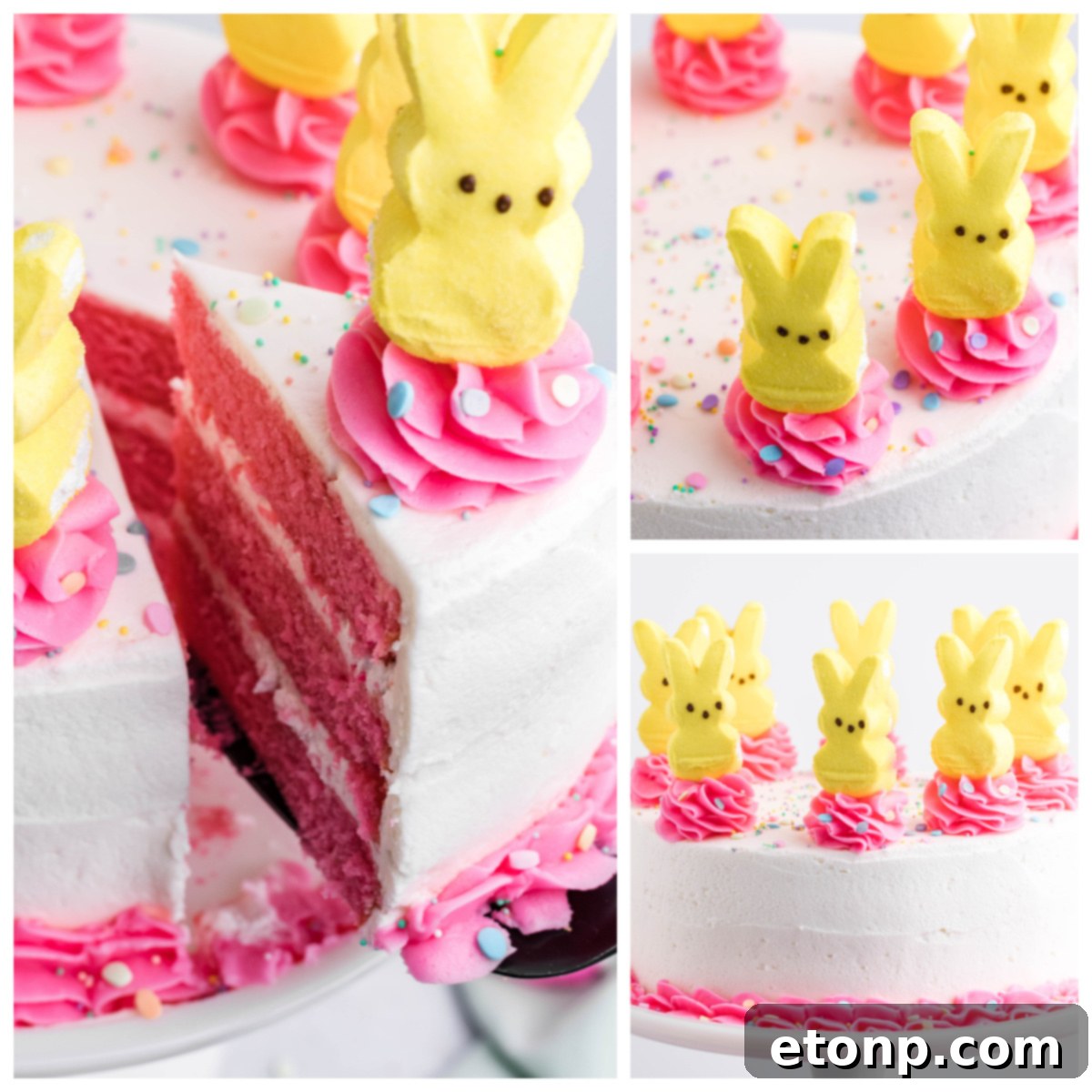 Collage of three photos showing a pink Vanilla layered cake with white frosting and yellow Peeps for Easter
