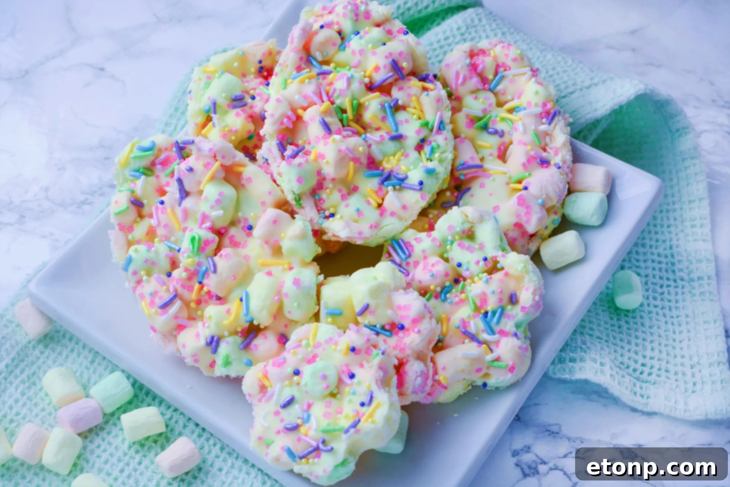 Easter Marshmallow treats with pink, green and yellow mini marshmallows cut into the shape of eggs