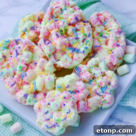 Easter Marshmallow Bark with white chocolate and rainbow marshmallows
