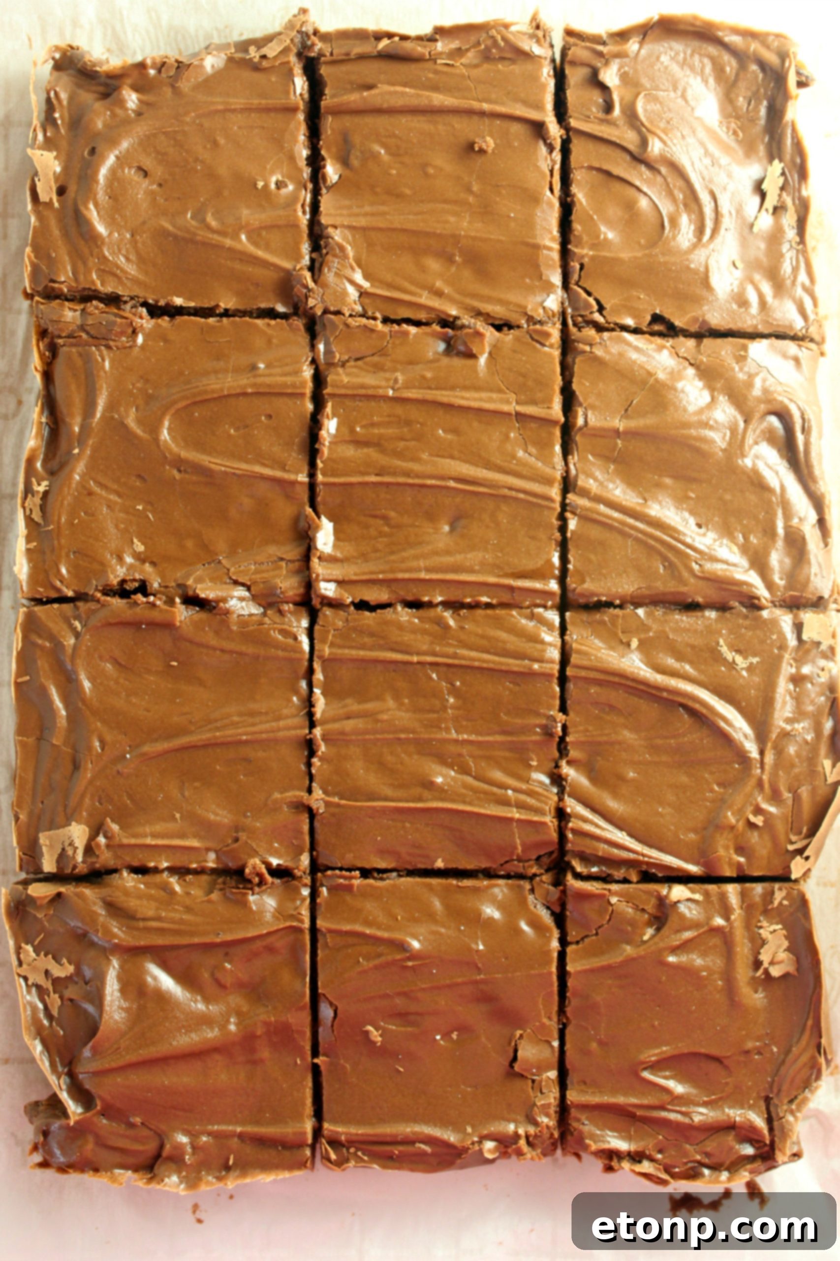 Homemade chocolate frosted lunch lady Brownies in a baking sheet cut in squares
