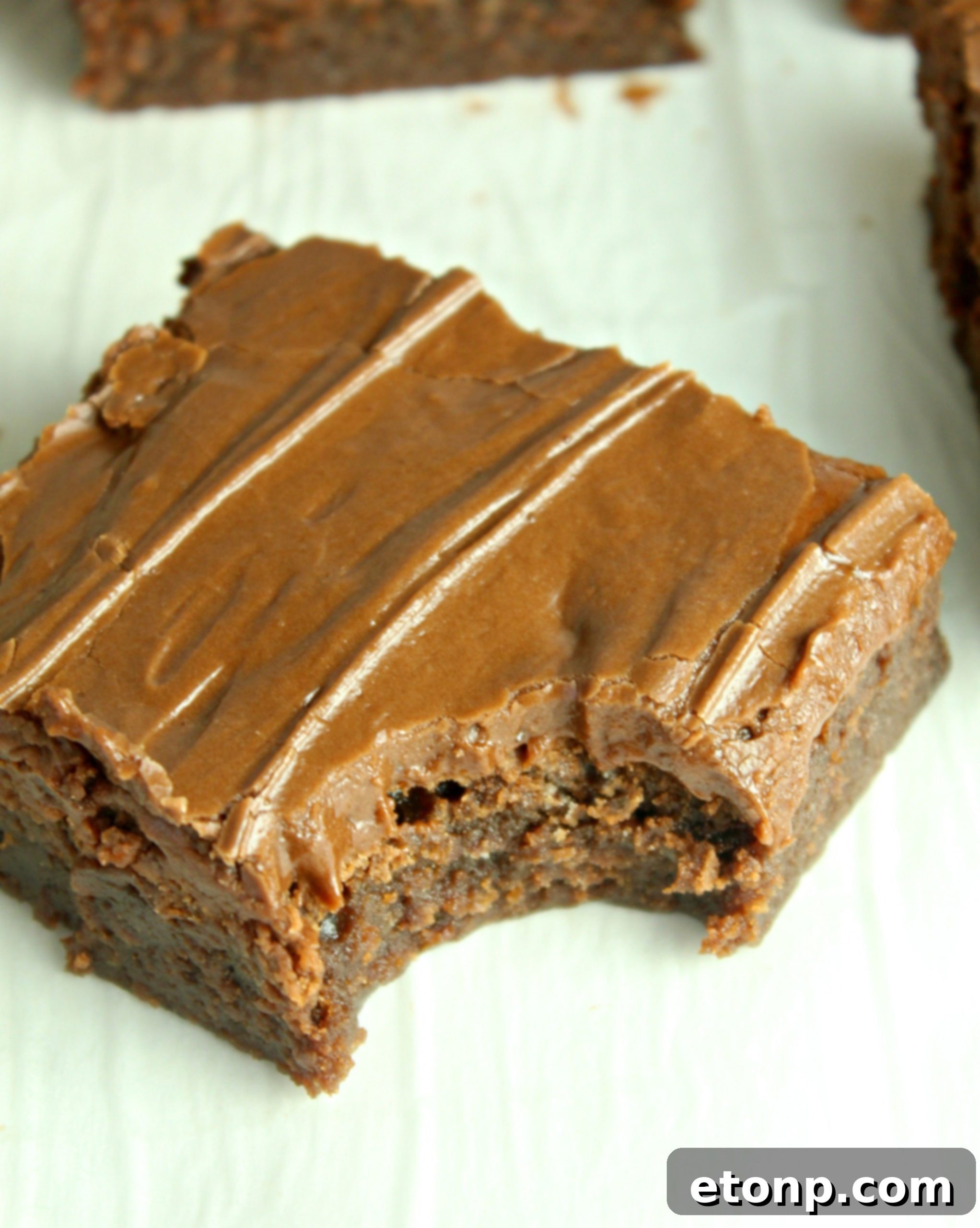 Homemade chocolate frosted lunch lady Brownies with a bite taken out of a square