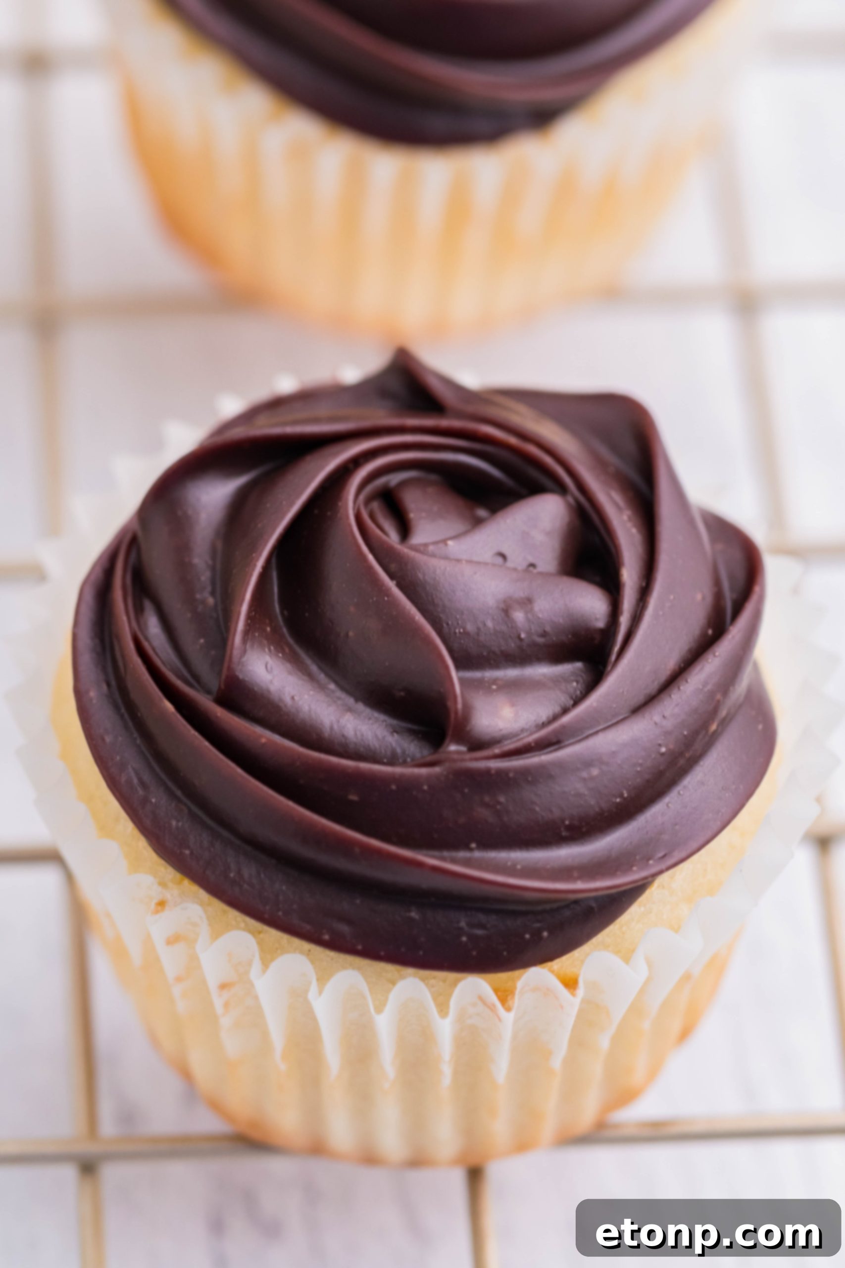 An overhead view of freshly baked Boston Cream Cupcakes cooling on a metal rack, ready for their delicious fillings and toppings.