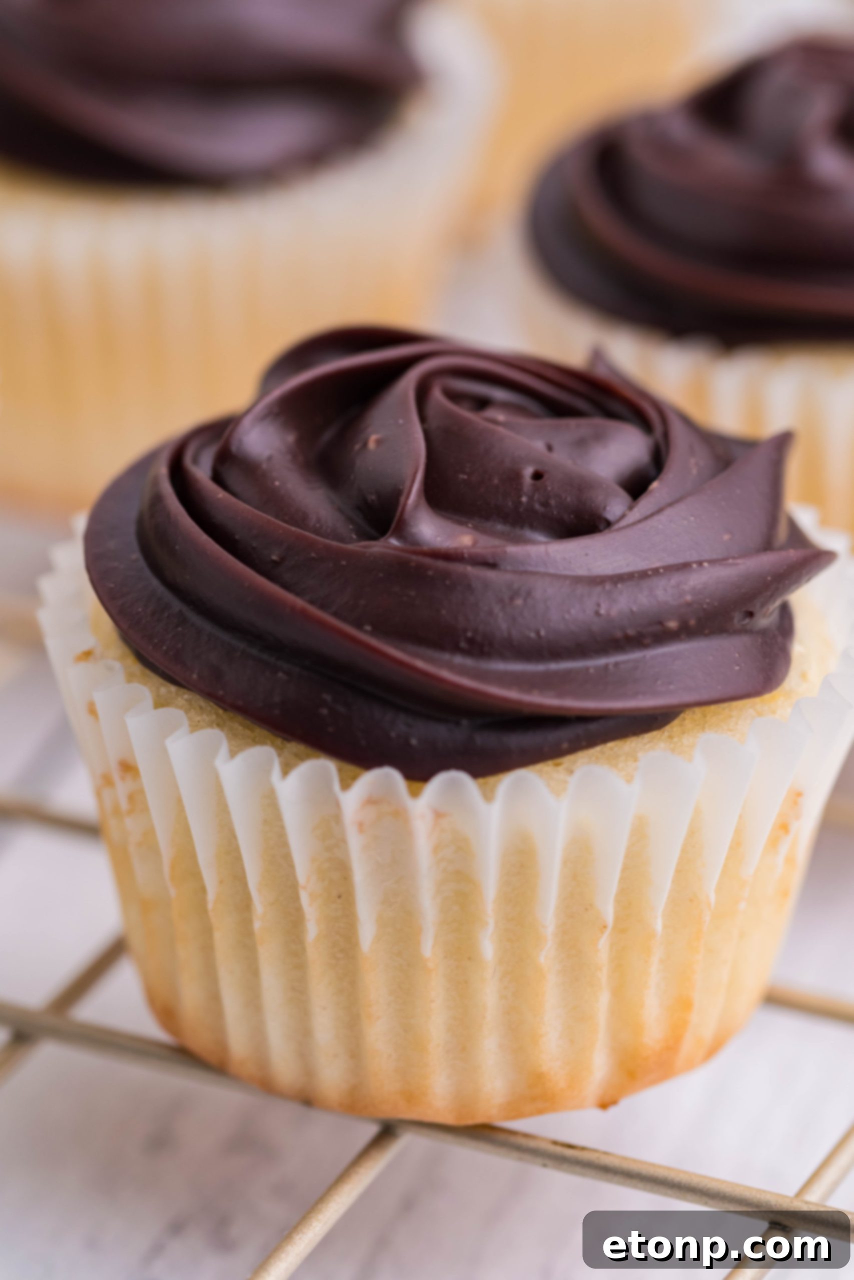 A side view of Boston Cream Cupcakes adorned with chocolate ganache, gently resting on a metal cooling rack.