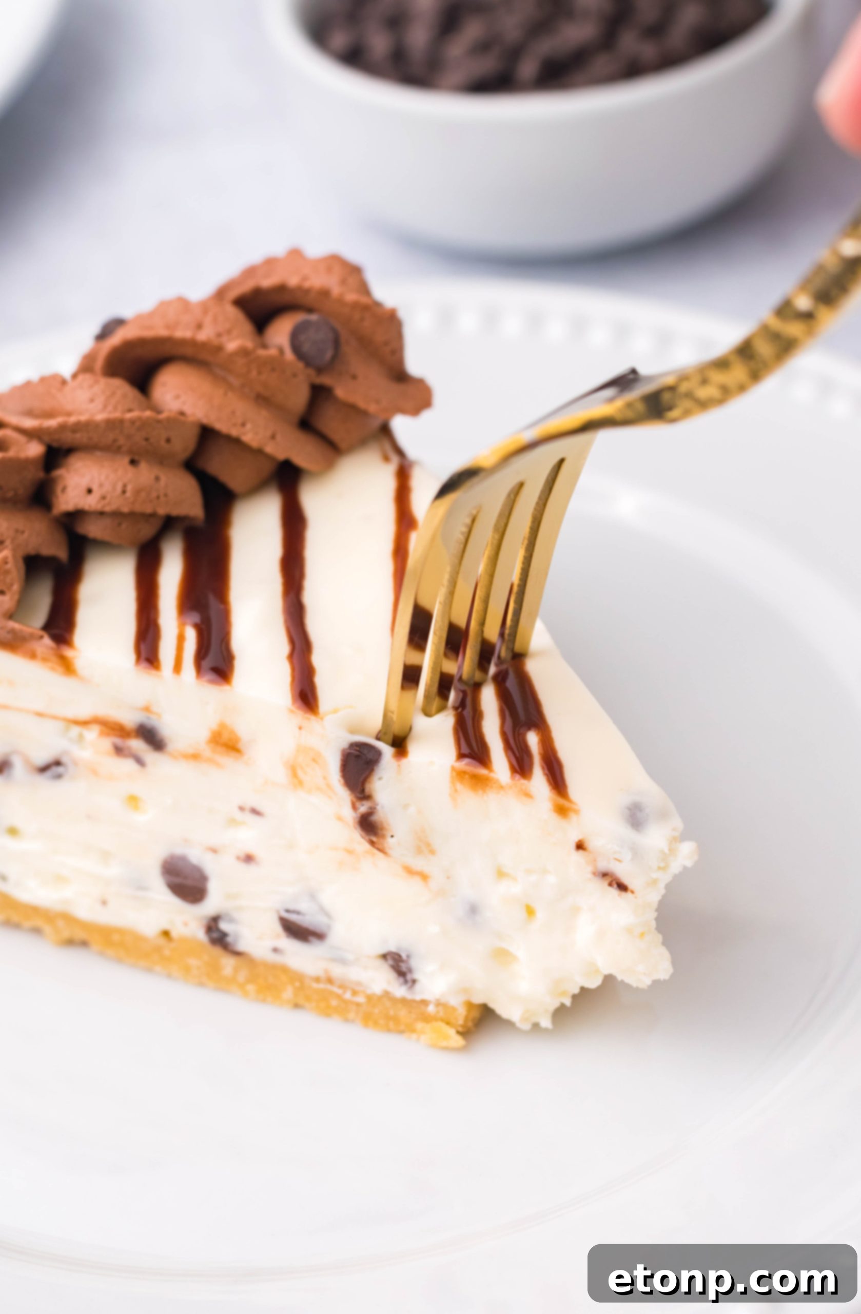 A slice of Chocolate Chip Cheesecake on a white plate, with a gold fork cutting into it.