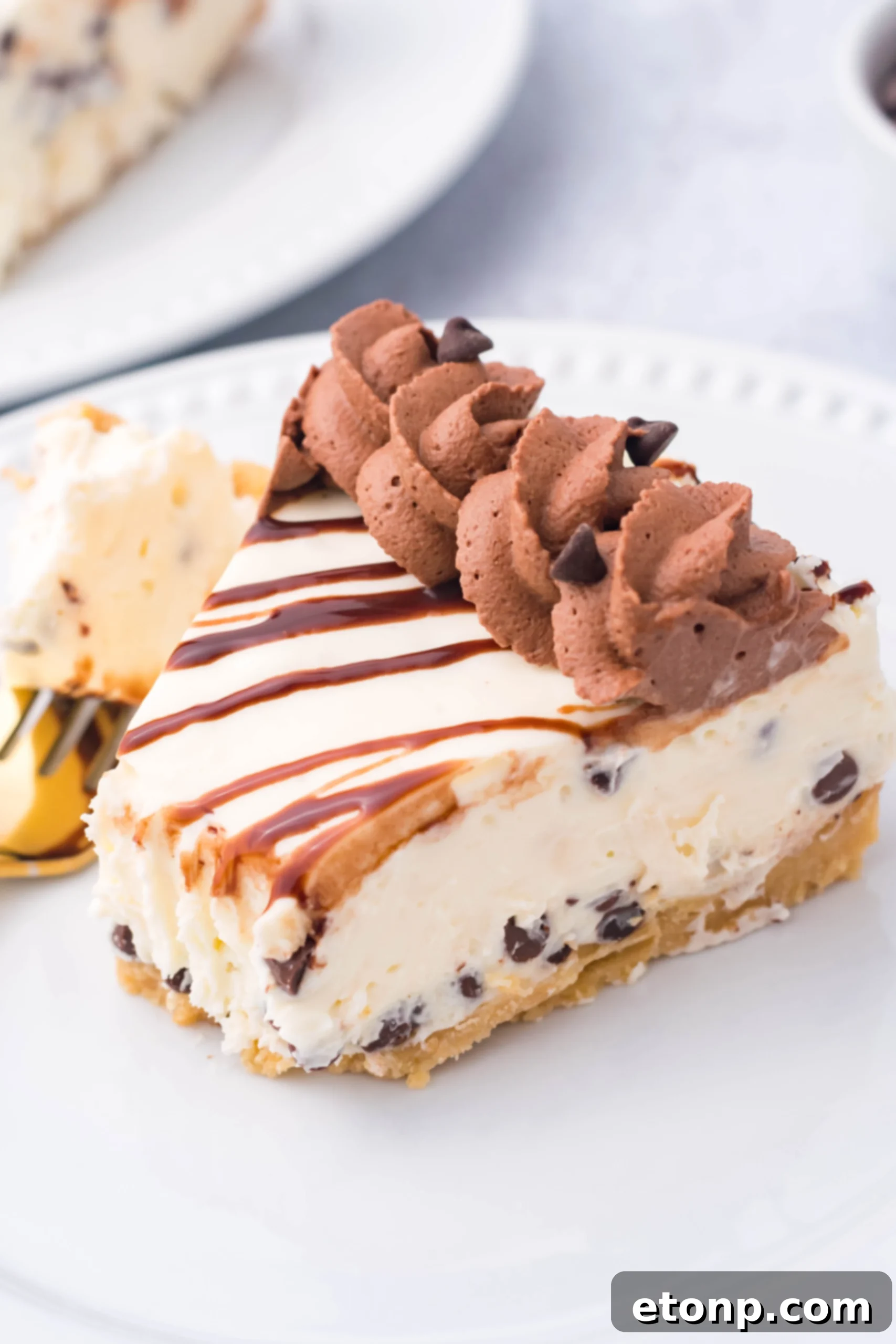 Overhead view of a Chocolate Chip Cheesecake slice on a white plate with a bite taken out.