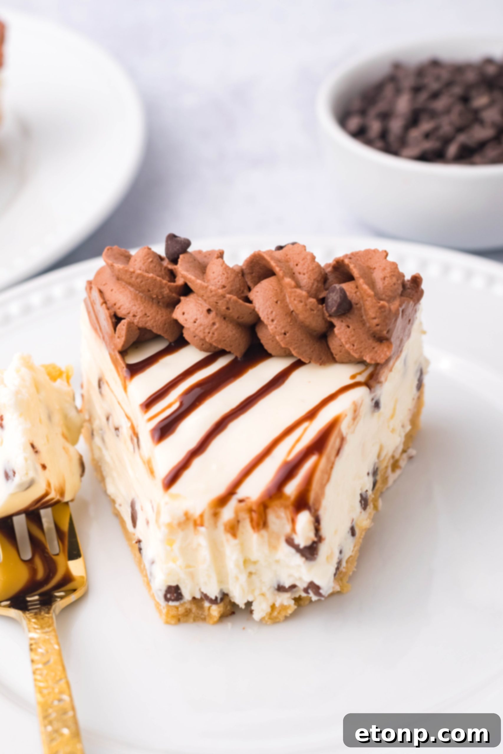 Overhead view of a Chocolate Chip Cheesecake slice on a white plate with a bite taken out.