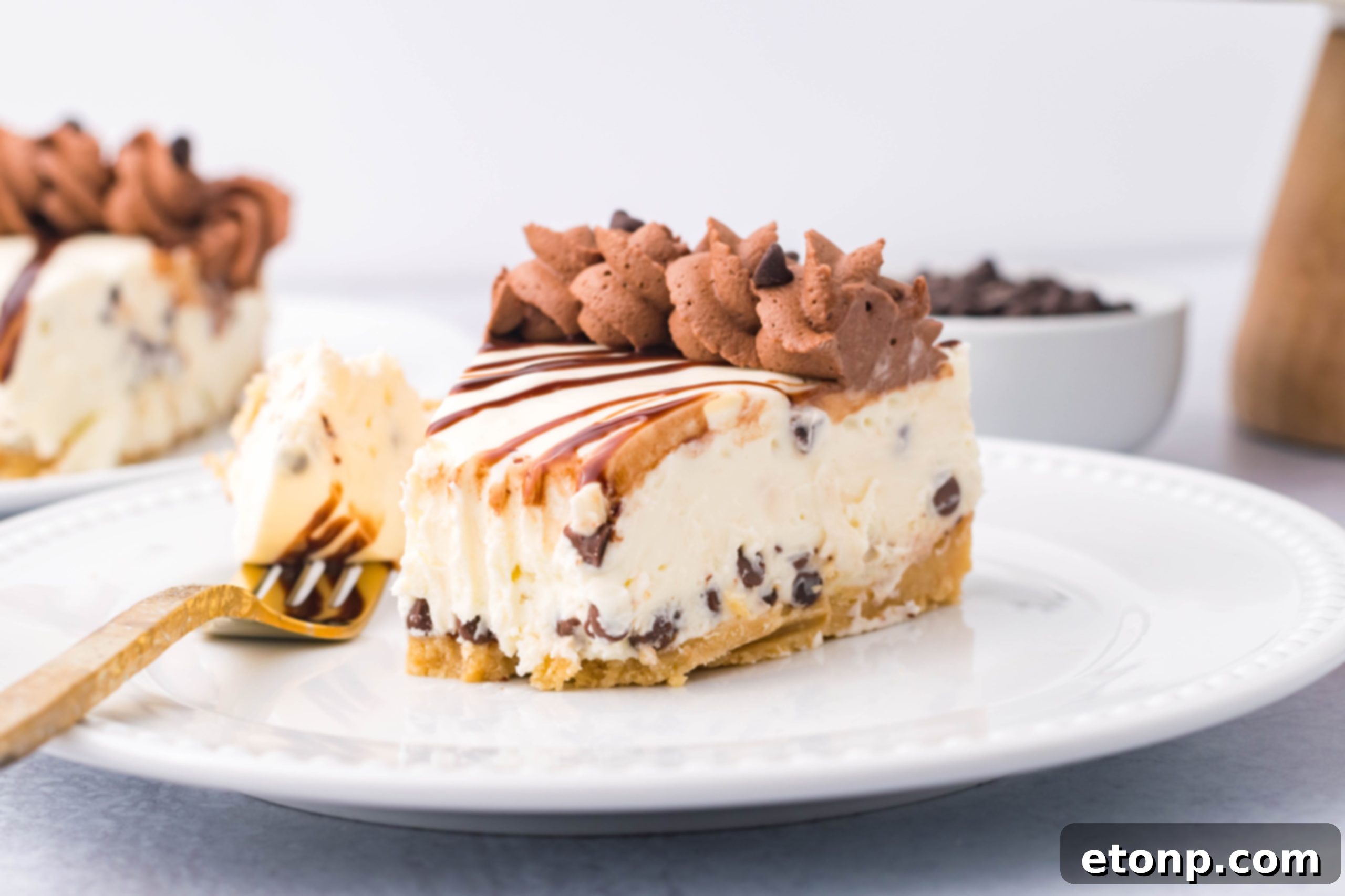 A slice of Chocolate Chip Cheesecake on a white plate with a bite taken out.