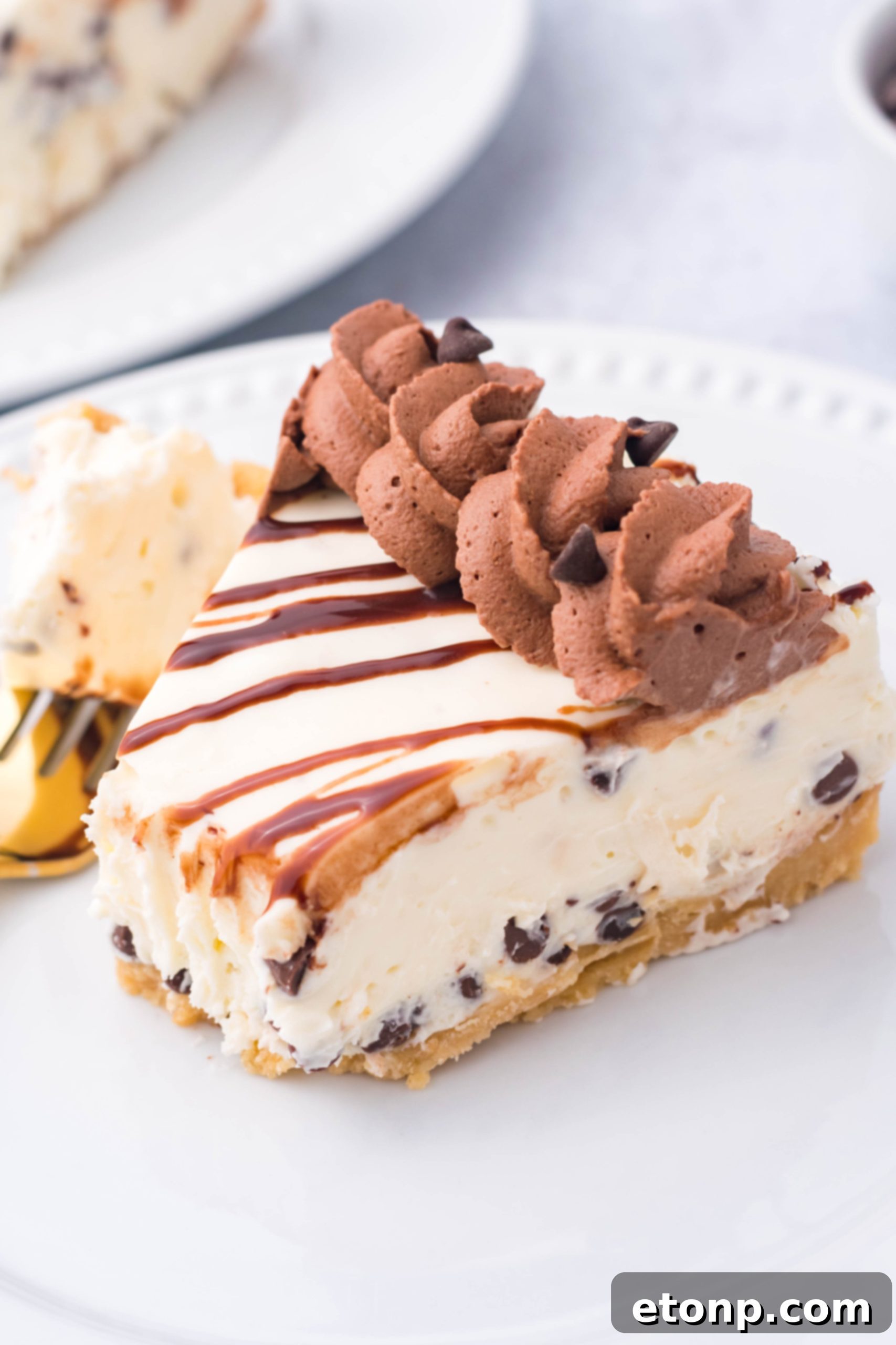 Overhead view of a Chocolate Chip Cheesecake slice on a white plate with a bite taken out.